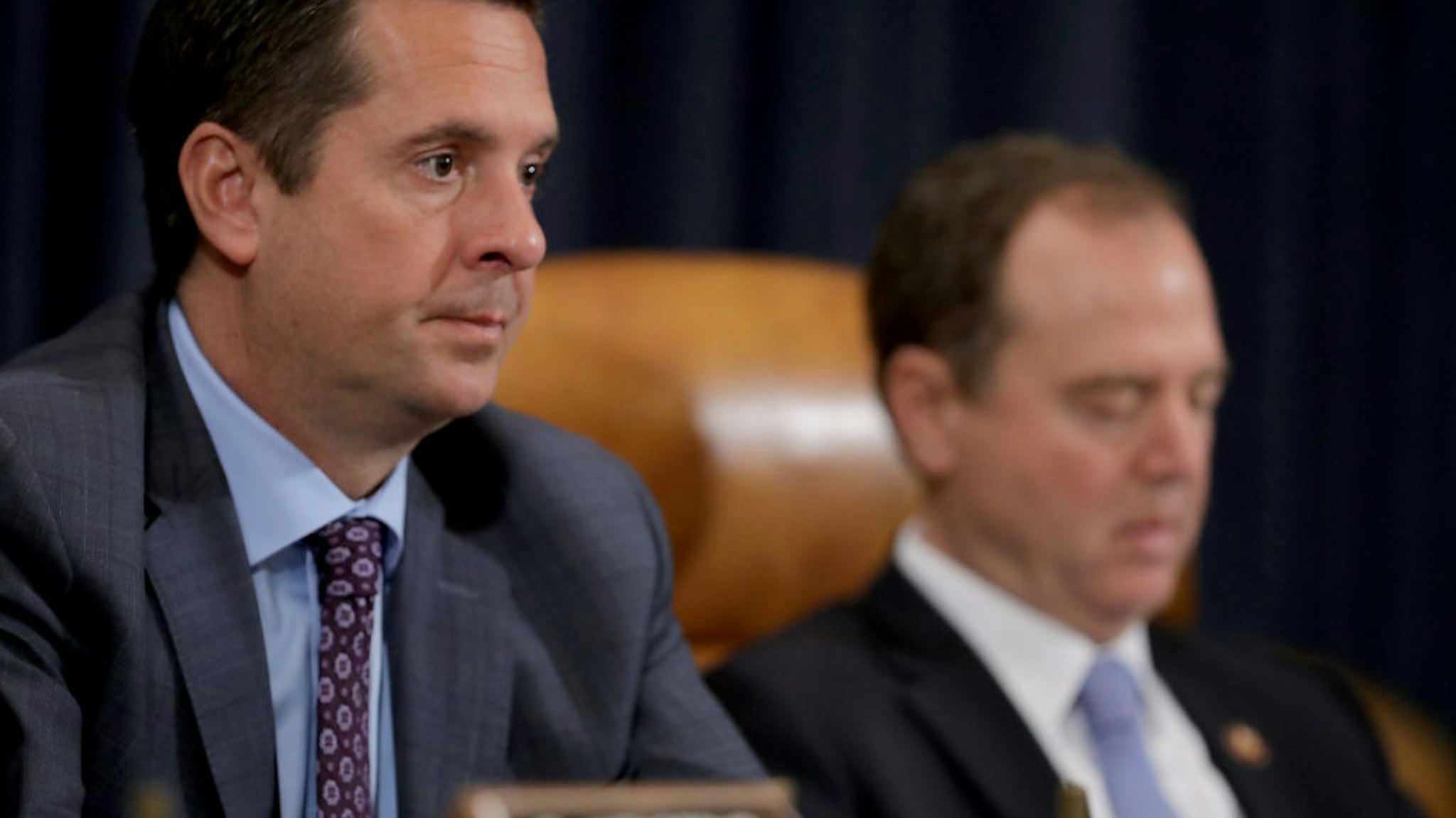 House Intelligence Committee ranking member Rep. Devin Nunes (R-CA) listens to testimony from experts on the subject of 'deepfakes,' digitally manipulated video and still images, during a hearing in the Longworth House Office Building on Capitol Hill June 13, 2019 in Washington, DC.
