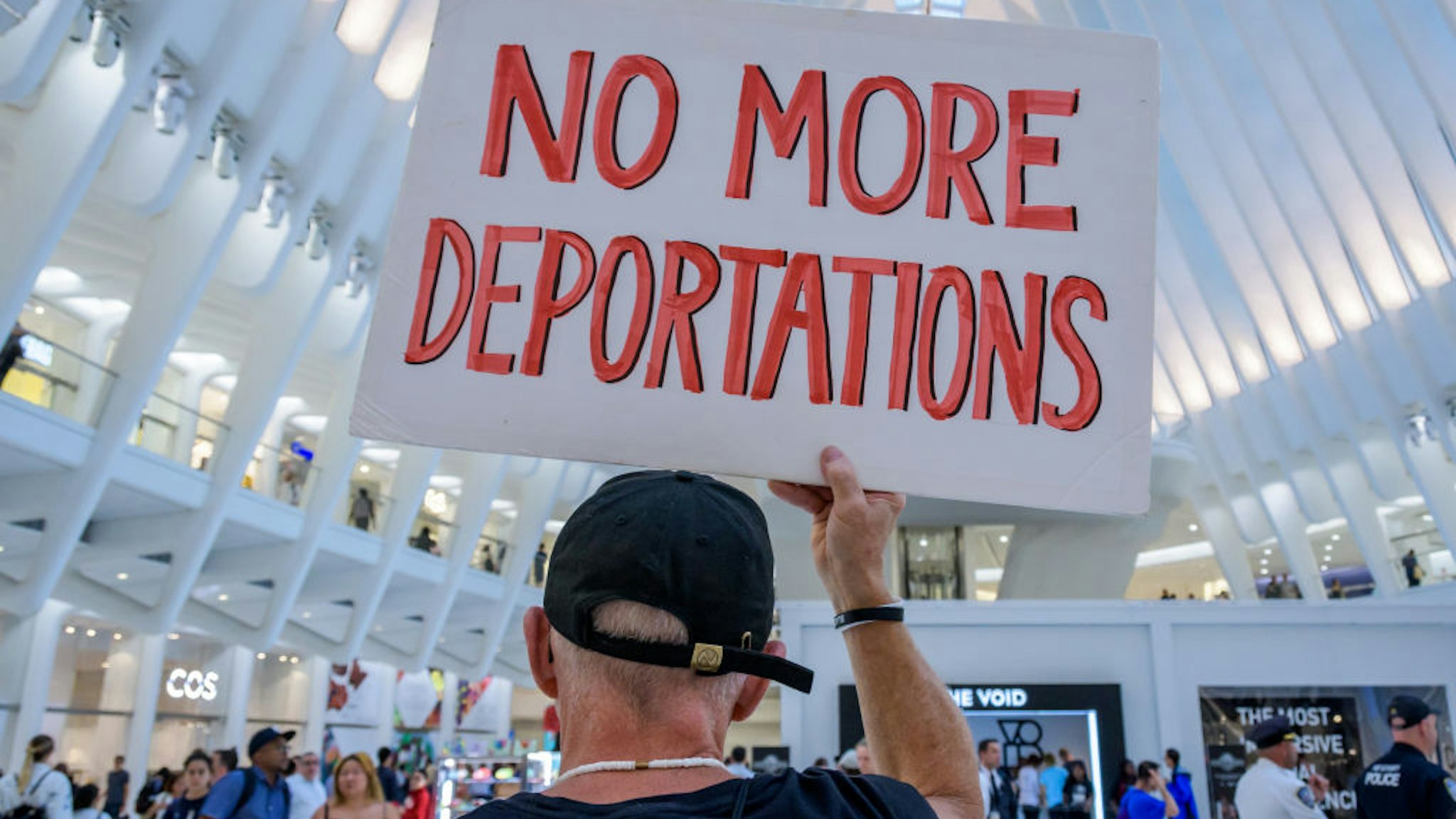 2019/09/12: Members of the activist group Rise And Resist gathered at a silent protest inside The Oculus on September 12, 2019 holding NO RAIDS/CLOSE THE CAMPS/ABOLISH ICE banners, photographs of the children who have died in ICE custody, and photographs of the detention camps to object to Border Patrol and ICE treatment of immigrants, refugees, and asylum seekers.