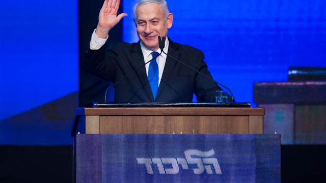 TEL AVIV, ISRAEL - SEPTEMBER 18: Israeli Prime Minister Benjamin Netanyahu speaks at the Likud Party after vote event on September 18, 2019 in Tel Aviv, Israel. All TV exit polls see no clear winner in Isreal's elections.