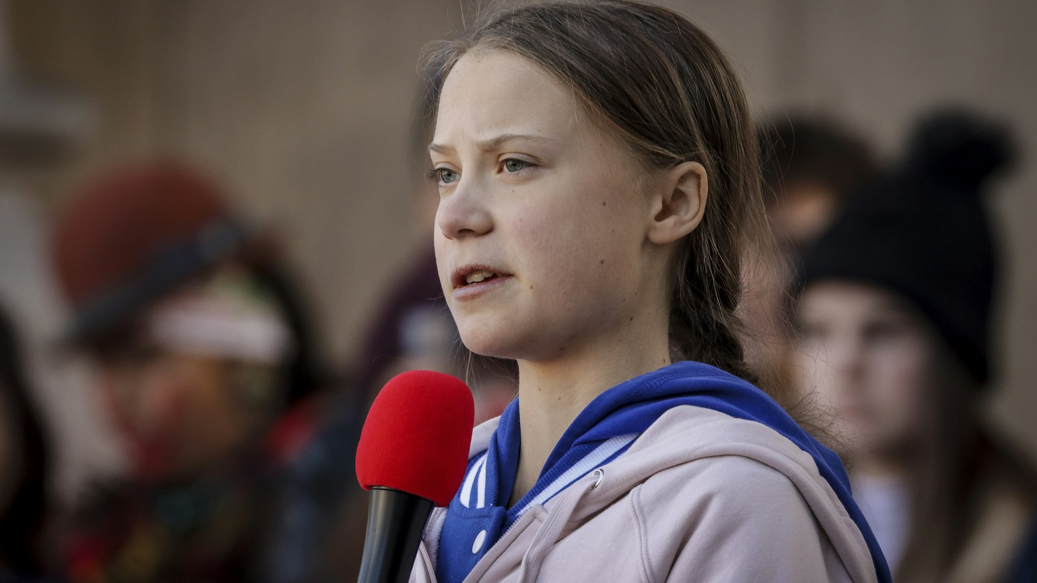 wedish teen activist Greta Thunberg speaks at the Fridays For Future Denver Climate Strike on October 11, 2019 at Civic Center Park in Denver, Colorado. Thousands of protesters attended the event which was sparked by Thunberg's #FridaysForFuture movement. (Photo by Marc Piscotty/Getty Images)