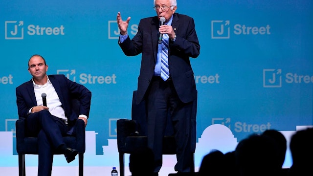 Democratic presidential candidate Senator Bernie Sanders (C) speaks during the 2019 J Street National Conference at the Walter E. Washington Convention Center in Washington, DC on October 28, 2019.