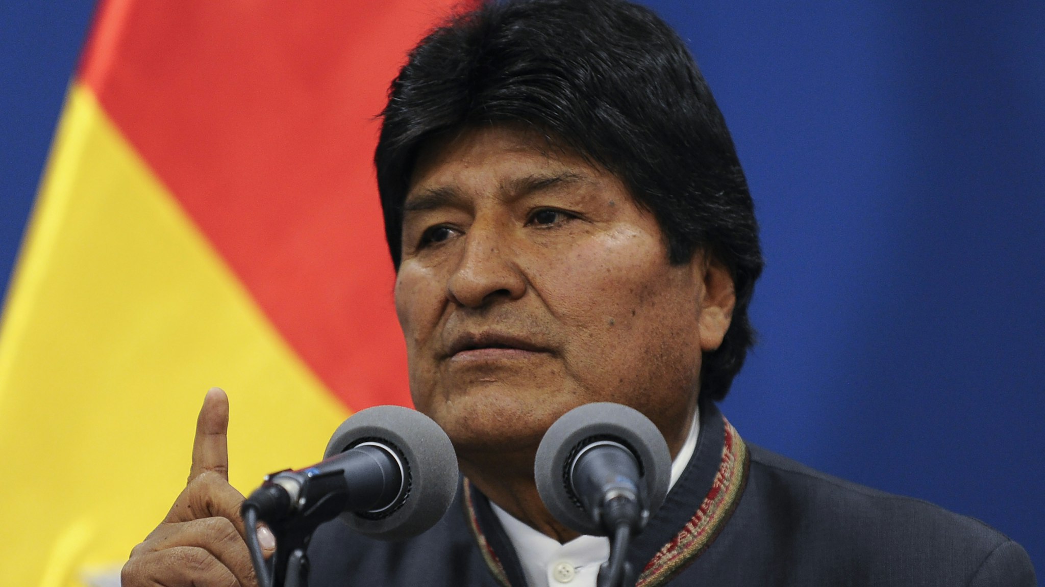 Bolivia's President Evo Morales delivers a press conference in La Paz on October 31, 2019. - A technical mission from the Organization of American States (OAS) began on Thursday its audit of the disputed Bolivian presidential election that delivered Evo Morales a fourth term but sparked deadly riots. (Photo by JORGE BERNAL / AFP) (Photo by JORGE BERNAL/AFP via Getty Images)