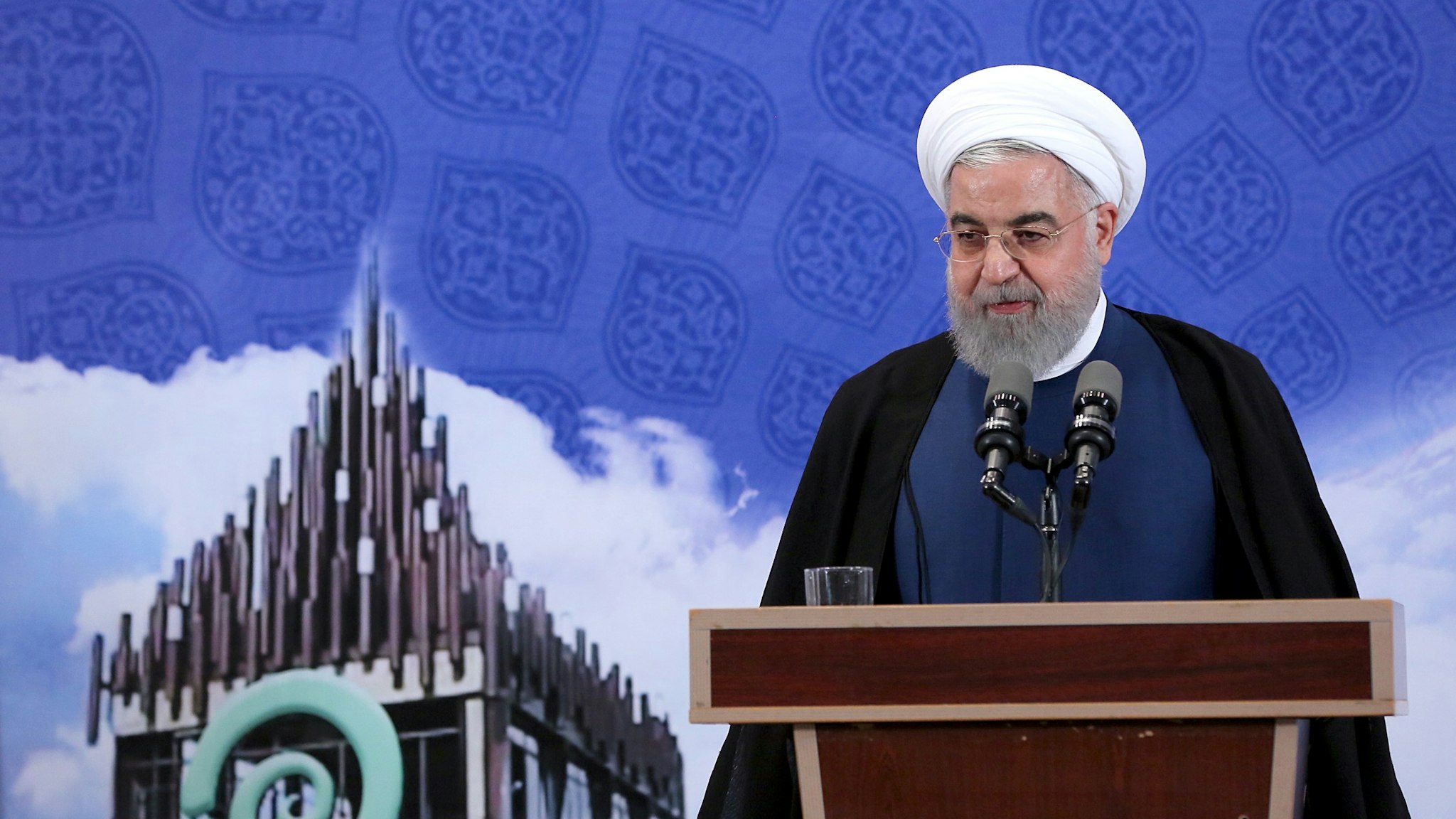 TEHRAN, IRAN - NOVEMBER 5: (----EDITORIAL USE ONLY MANDATORY CREDIT - "IRANIAN PRESIDENCY / HANDOUT" - NO MARKETING NO ADVERTISING CAMPAIGNS - DISTRIBUTED AS A SERVICE TO CLIENTS----) Iranian President, Hassan Rouhani speaks during the opening ceremony of Free Innovation Factory in Tehran, Iran on November 5, 2019. (Photo by Iranian Presidency / Handout/Anadolu Agency via Getty Images)