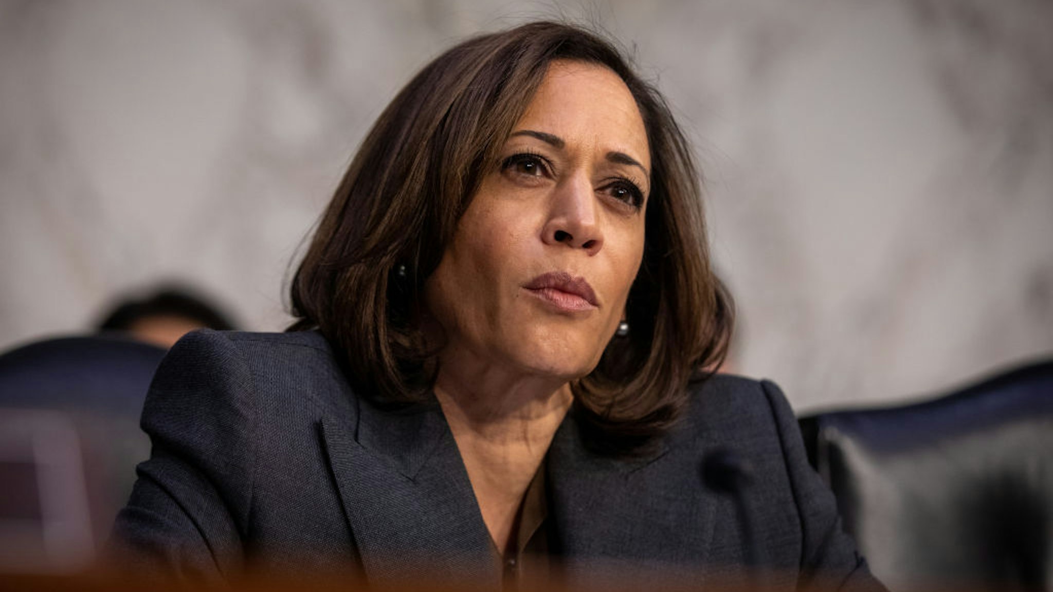Senator Kamala Harris, a Democrat from California, listens during a Senate Homeland Security Committee hearing in Washington, D.C., U.S., on Tuesday, Nov. 5, 2019.
