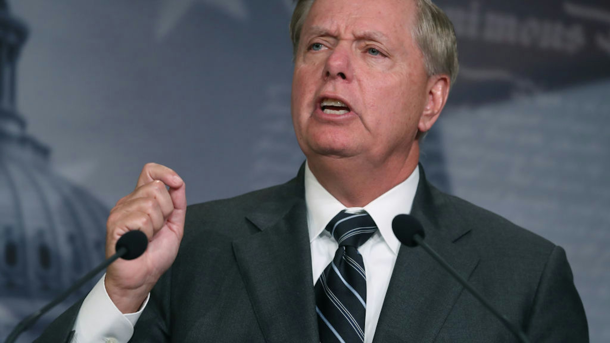 WASHINGTON, DC - OCTOBER 24: Senate Judiciary Committee Chairman Lindsey Graham (R-SC), speaks after introducing a resolution condemning House Impeachment inquiry against President Donald Trump, at the U.S. Capitol on October 24, 2019 in Washington, DC.