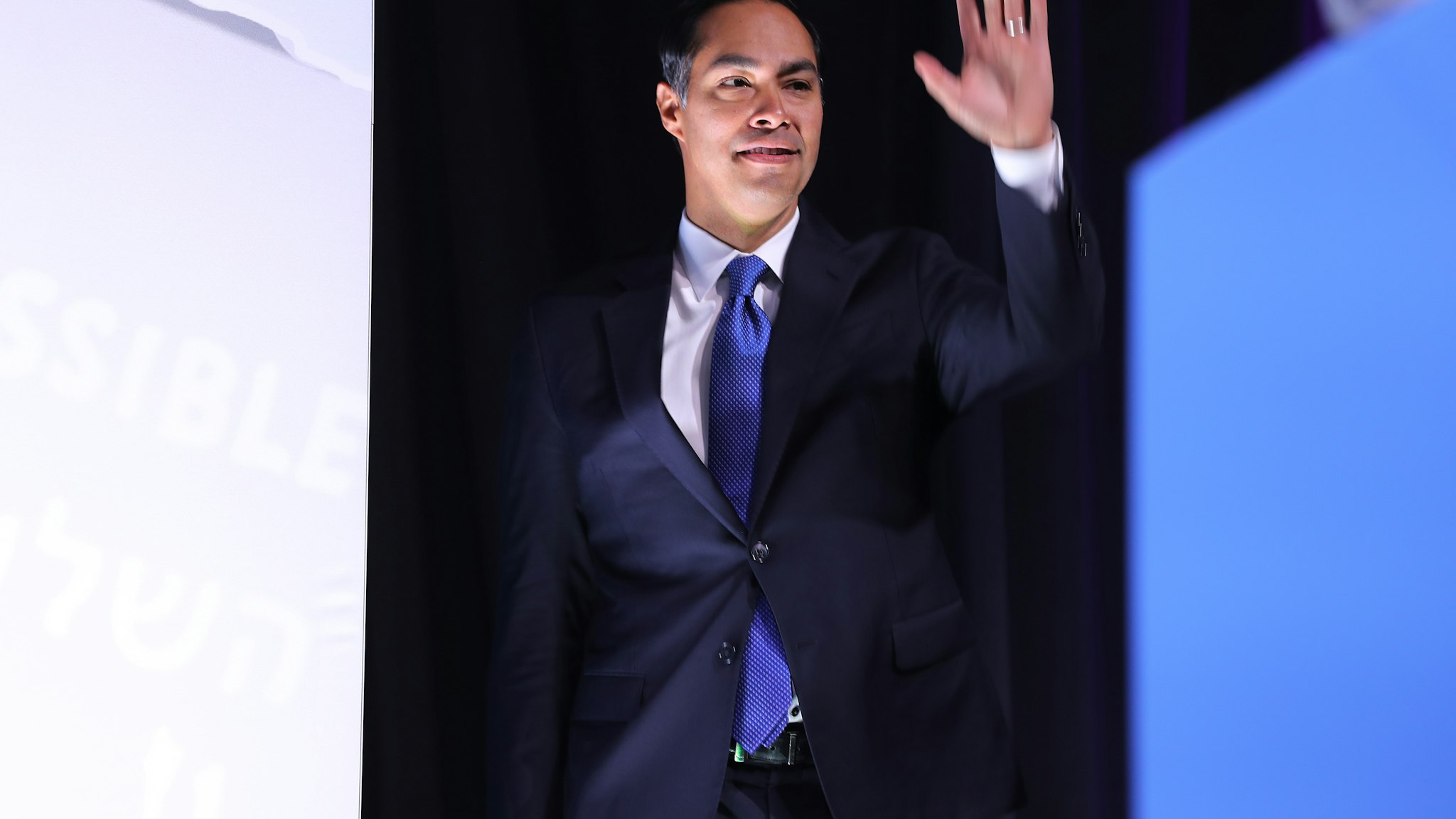 WASHINGTON, DC - OCTOBER 28: Democratic presidential candidate and former housing secretary Julian Castro takes the stage during the J Street National Conference at the Walter E. Washington Convention Center October 28, 2019 in Washington, DC. Castro and three other presidential candidates were interviewed about Israel and U.S. foreign policy during the conference hosted by J Street, a political action committee that supports two-state solution to the Israeli-Palestinian conflict. (Photo by Chip Somodevilla/Getty Images)