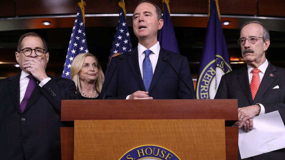 House impeachment vote WASHINGTON, DC - OCTOBER 31: (L-R) House Judiciary Committee Chairman Jerrold Nadler (D-NY), Oversight and Government Reform Committee Acting Chairwoman Carolyn Maloney (D-NY), Intelligence Committee Chairman Adam Schiff (D-CA) and Foreign Relations Committee Chairman Eliot Engel (D-NY) hold a news conference following the passage of a resolution formalizing the impeachment inquiry centered on U.S. President Donald Trump October 31, 2019 in Washington, DC. The resolution, passed by a vote of 232-196, creates the legal framework for public hearings, procedures for the White House to respond to evidence and the process for consideration of future articles of impeachment by the full House of Representatives.