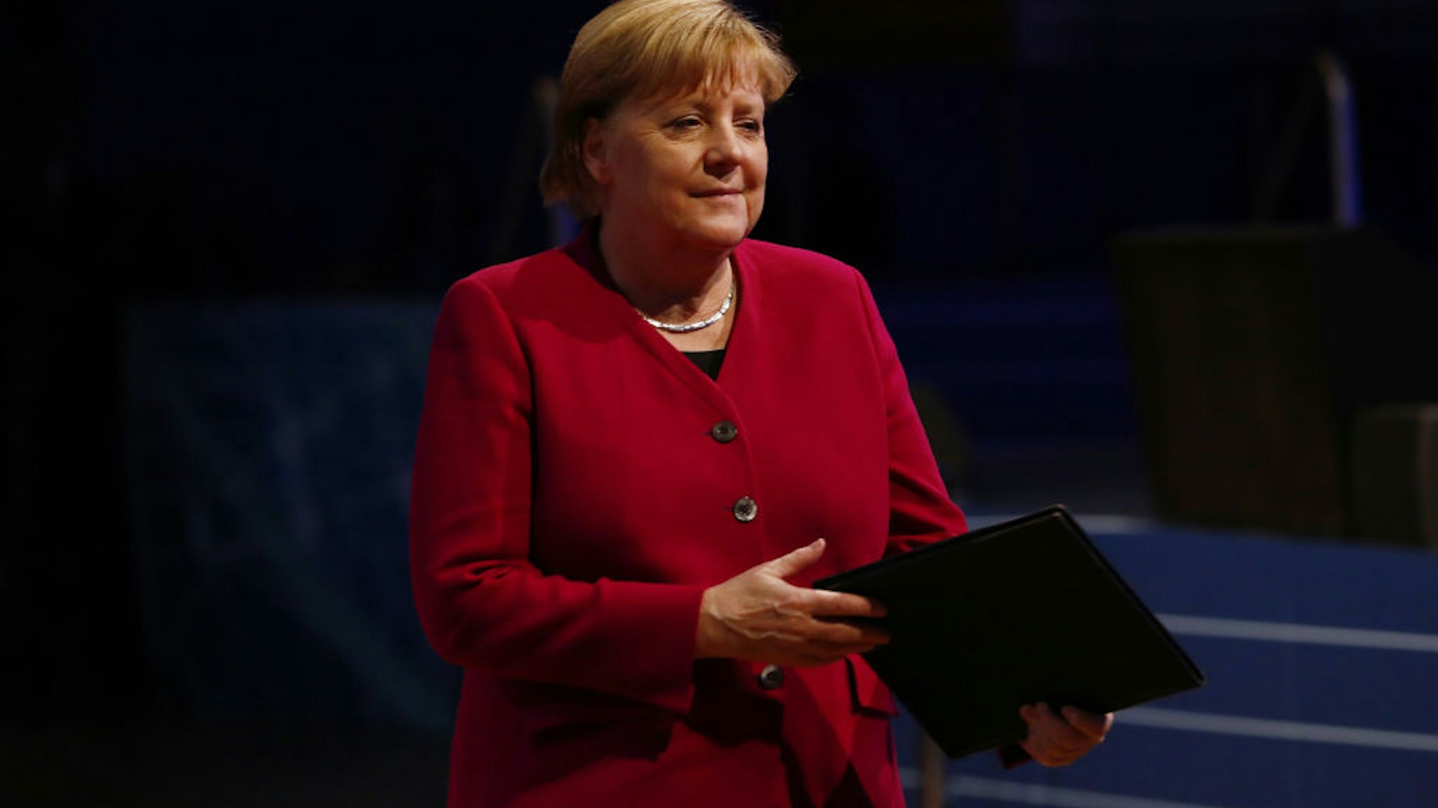 German Chancellor Angela Merkel arrives to speak at the opening of the Internet Governance Forum on November 26, 2019 in Berlin, Germany.