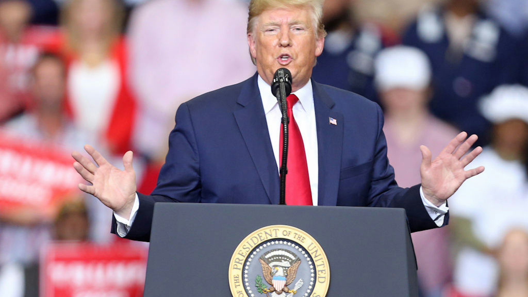U.S. President Donald Trump speaks during a "Keep America Great" rally at the Monroe Civic Center on November 06, 2019 in Monroe, Louisiana. President Trump headlined the rally to support Louisiana Republican gubernatorial candidate Eddie Rispone, who is looking to unseat incumbent Democratic Gov. John Bel Edwards.