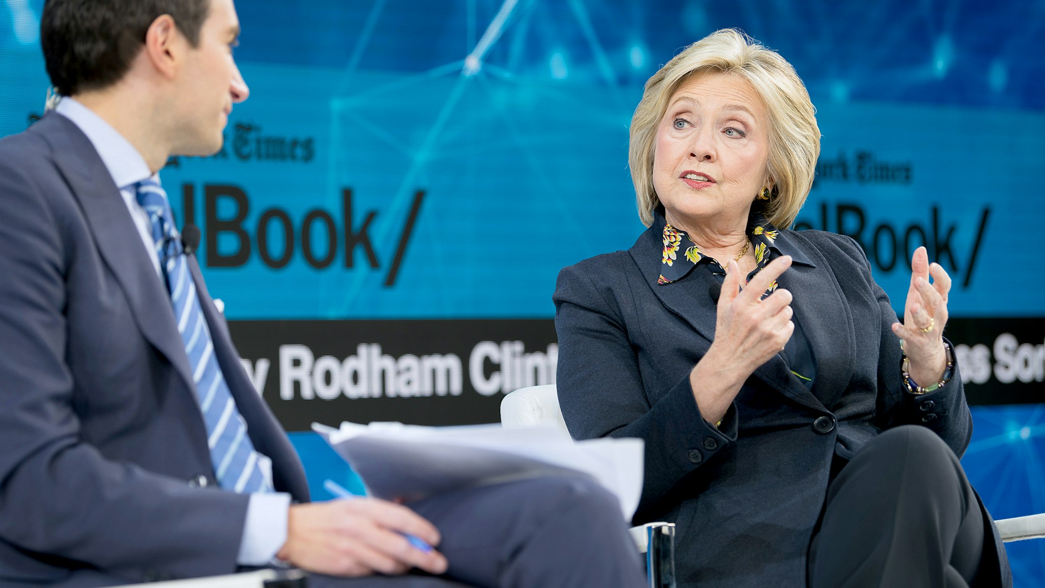 Andrew Ross Sorkin, Editor at Large, Columnist and Founder, DealBook, The New York Times speaks with Hillary Rodham Clinton, Former First Lady, U.S. Senator, U.S. Secretary of State onstage at 2019 New York Times Dealbook on November 06, 2019 in New York City. (Photo by Michael Cohen/Getty Images for The New York Times)