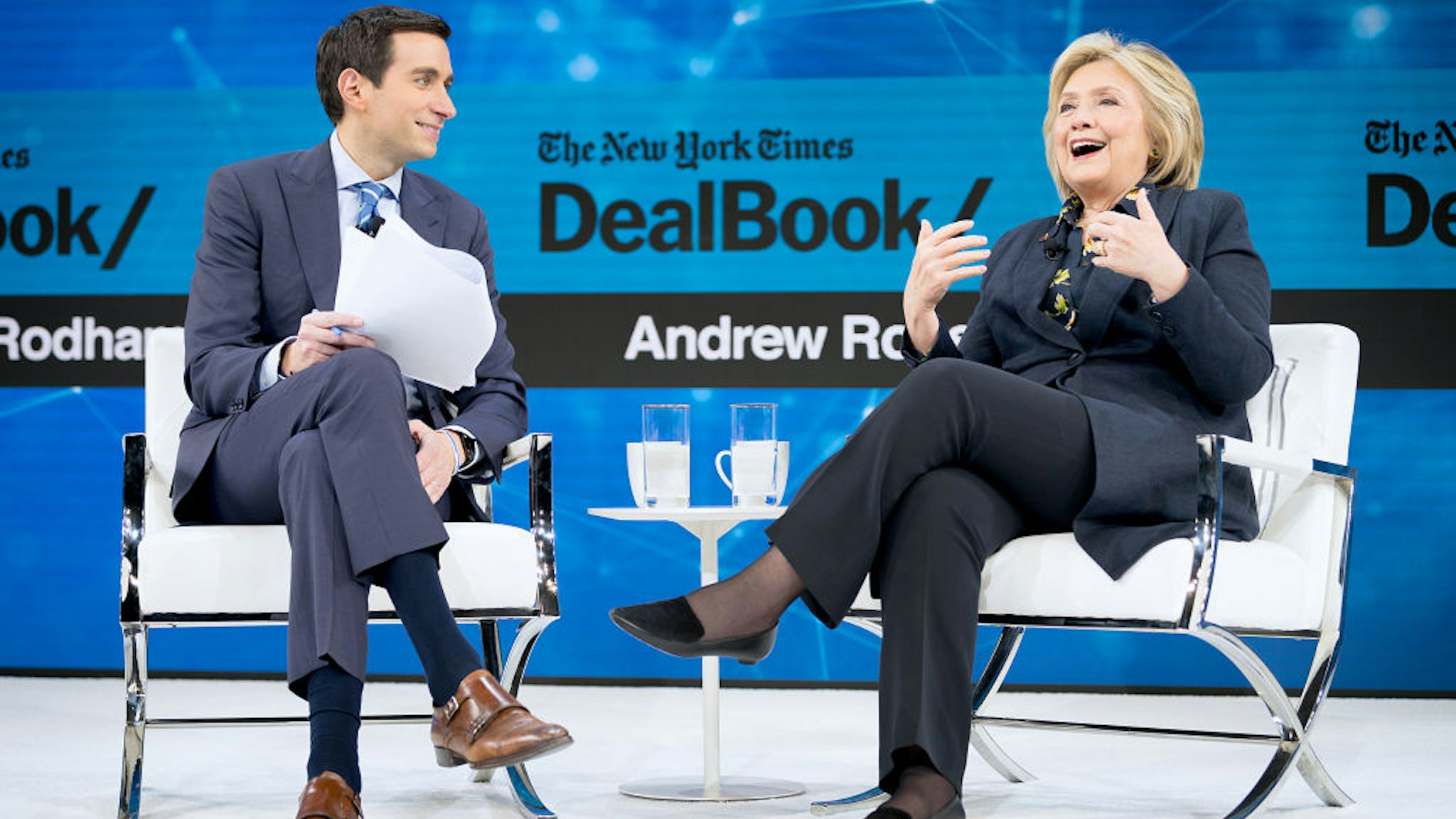 Andrew Ross Sorkin, Editor at Large, Columnist and Founder, DealBook, The New York Times speaks with Hillary Rodham Clinton, Former First Lady, U.S. Senator, U.S. Secretary of State onstage at 2019 New York Times Dealbook on November 06, 2019 in New York City.