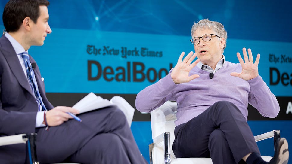 Bill Gates NEW YORK, NEW YORK - NOVEMBER 06: Andrew Ross Sorkin, Editor at Large, Columnist and Founder, DealBook, The New York Times speaks with Bill Gates, Co-Chair, Bill & Melinda Gates Foundation onstage at 2019 New York Times Dealbook on November 06, 2019 in New York City. (Photo by Michael Cohen/Getty Images for The New York Times)
