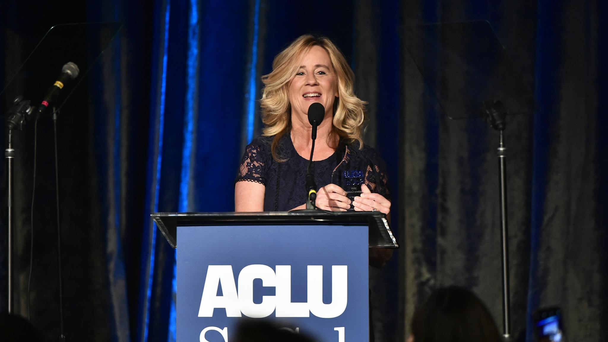 Chrstine Blasey Ford BEVERLY HILLS, CALIFORNIA - NOVEMBER 17: Dr. Christine Blasey Ford speaks onstage during ACLU SoCal's Annual Bill of Rights dinner at the Beverly Wilshire Four Seasons Hotel on November 17, 2019 in Beverly Hills, California. (Photo by Alberto E. Rodriguez/Getty Images)