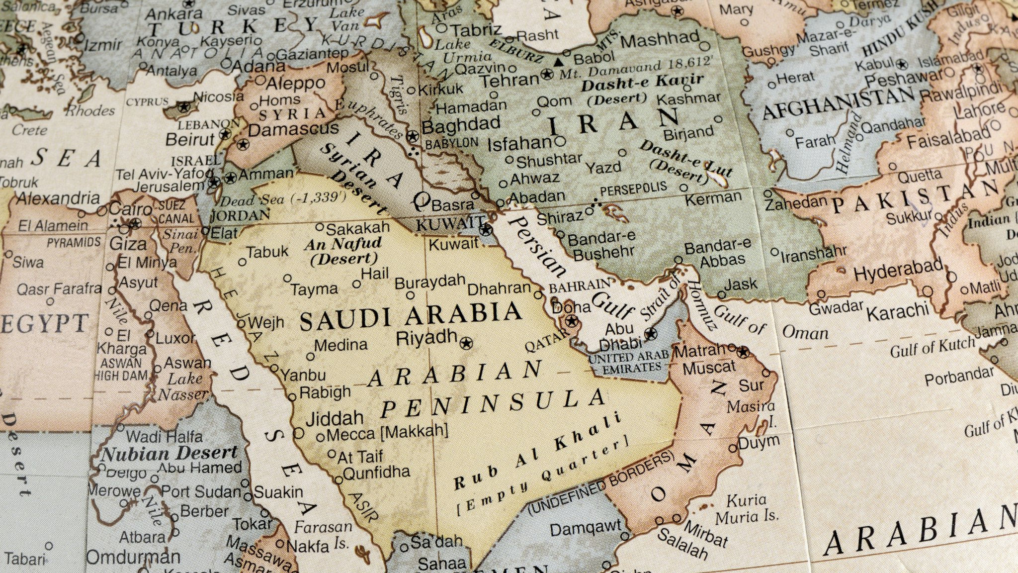 A close-up/macro photograph of Middle East from a desktop globe. Adobe RGB color profile.