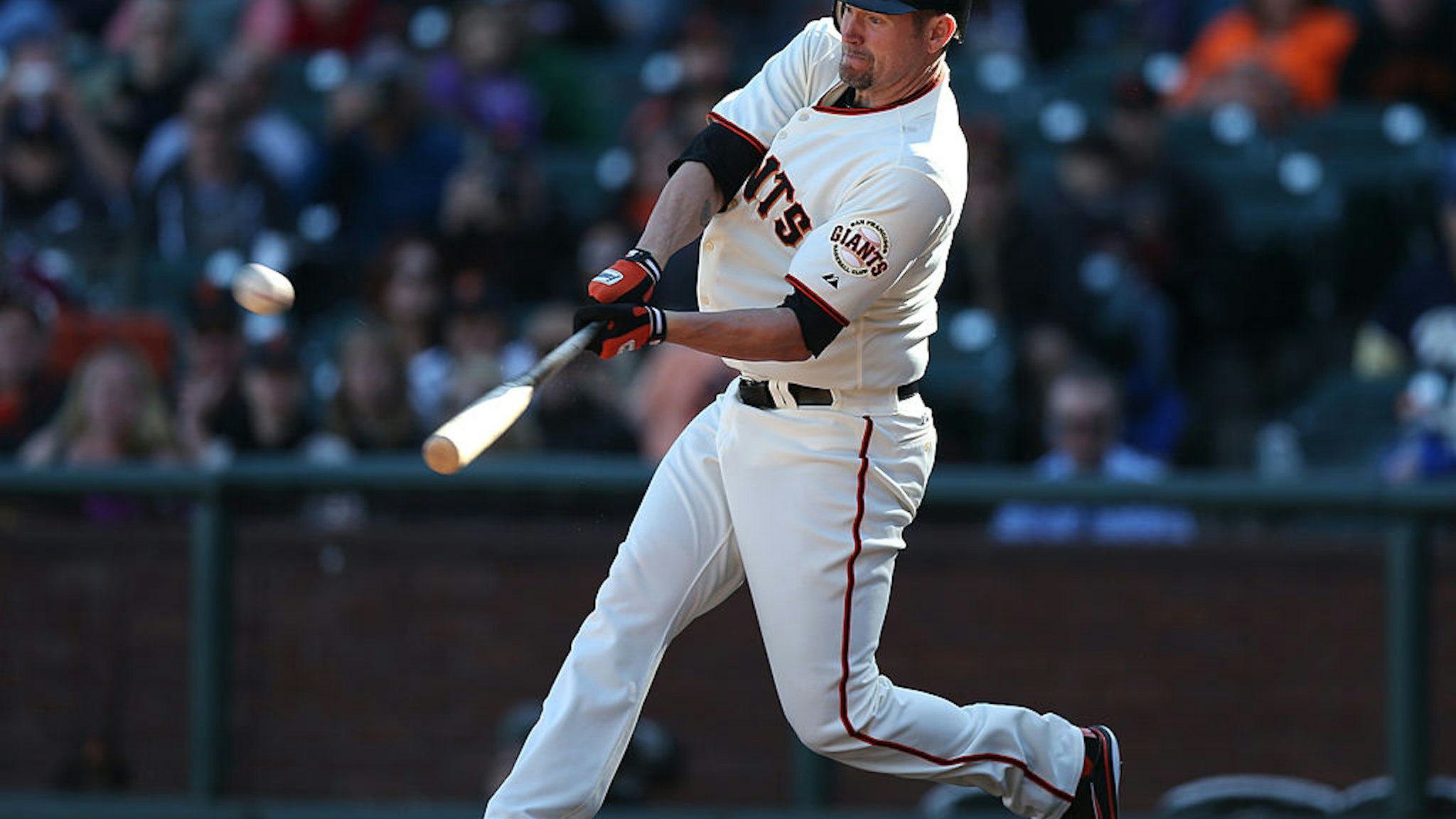 Aubrey Huff #17 of the San Francisco Giants bats against the San Diego Padres during the game at AT&amp;T Park on Sunday, September 23, 2012 in San Francisco, California.