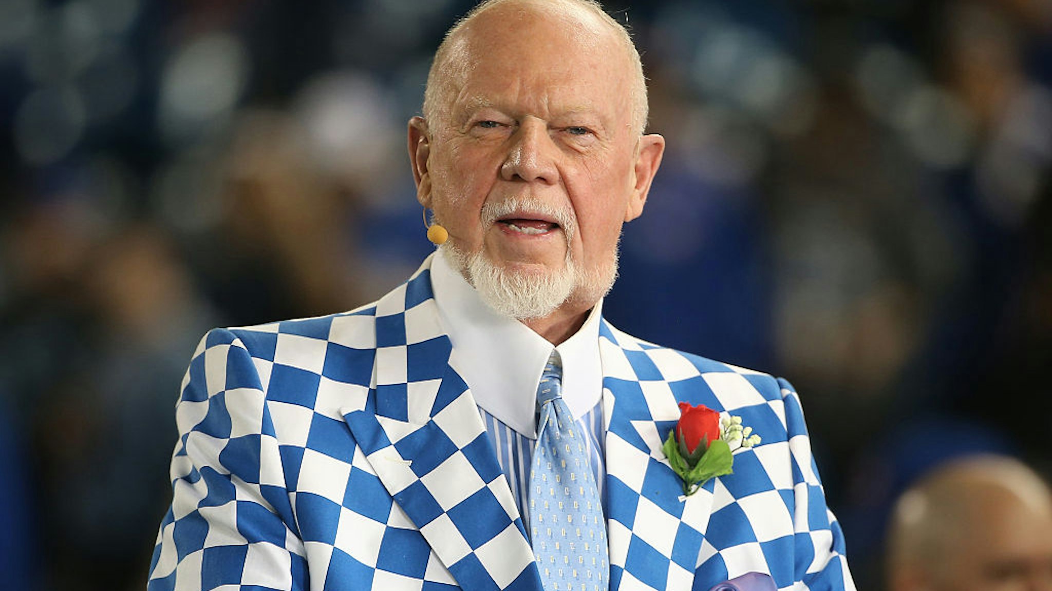 TORONTO, CANADA - APRIL 13: Hockey commentator Don Cherry does a television interview before the Tampa Bay Rays MLB game against the Toronto Blue Jays on April 13, 2015 at Rogers Centre in Toronto, Ontario, Canada.