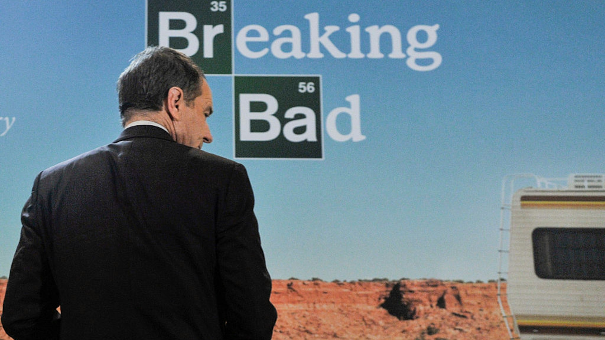 Actor Bryan Cranston speaks during a donation ceremony of artifacts from AMC's "Breaking Bad" show at Smithsonian's National Museum of American History in Washington DC on November 10, 2015.