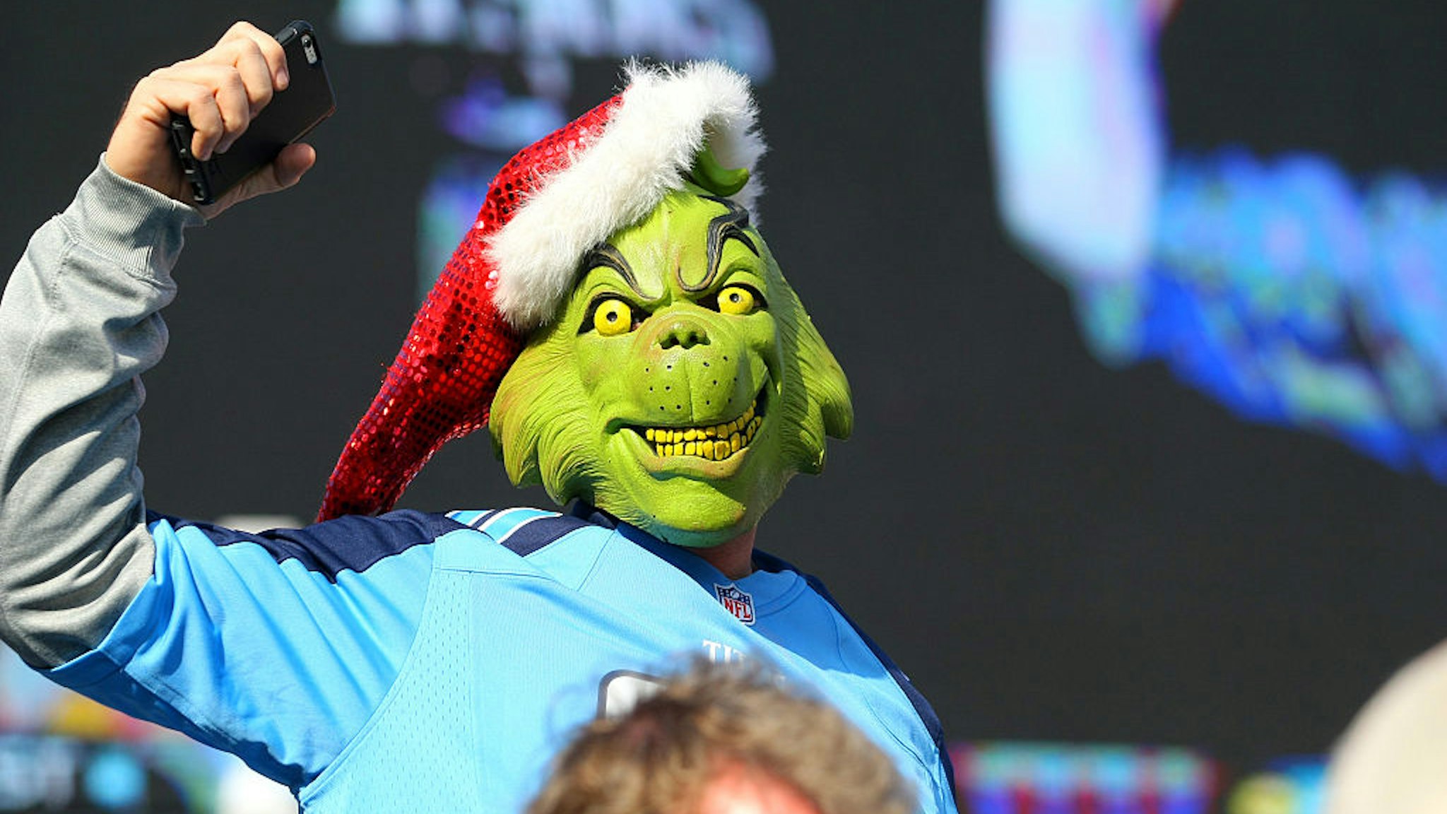 December 7, 2014: A Tennessee Titans fan is dressed as Dr. Suess' Grinch during game action.