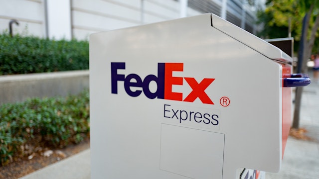 Close-up of the logo for FedEx (Federal Express) on a package drop box in an office park in Concord, California, September 8, 2017.