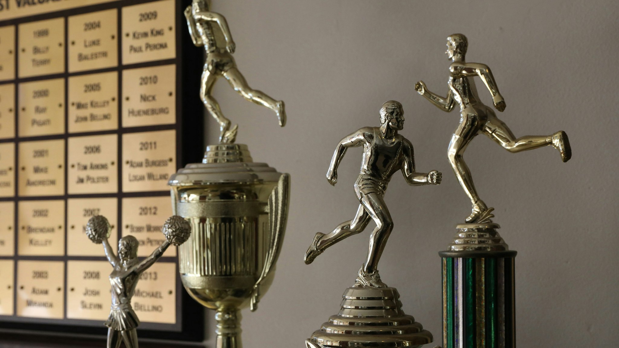 Track and field trophies on display at St. Bede Academy in Peru, Ill., Monday, Nov. 21, 2016. (Antonio Perez/Chicago Tribune/Tribune News Service via Getty Images)