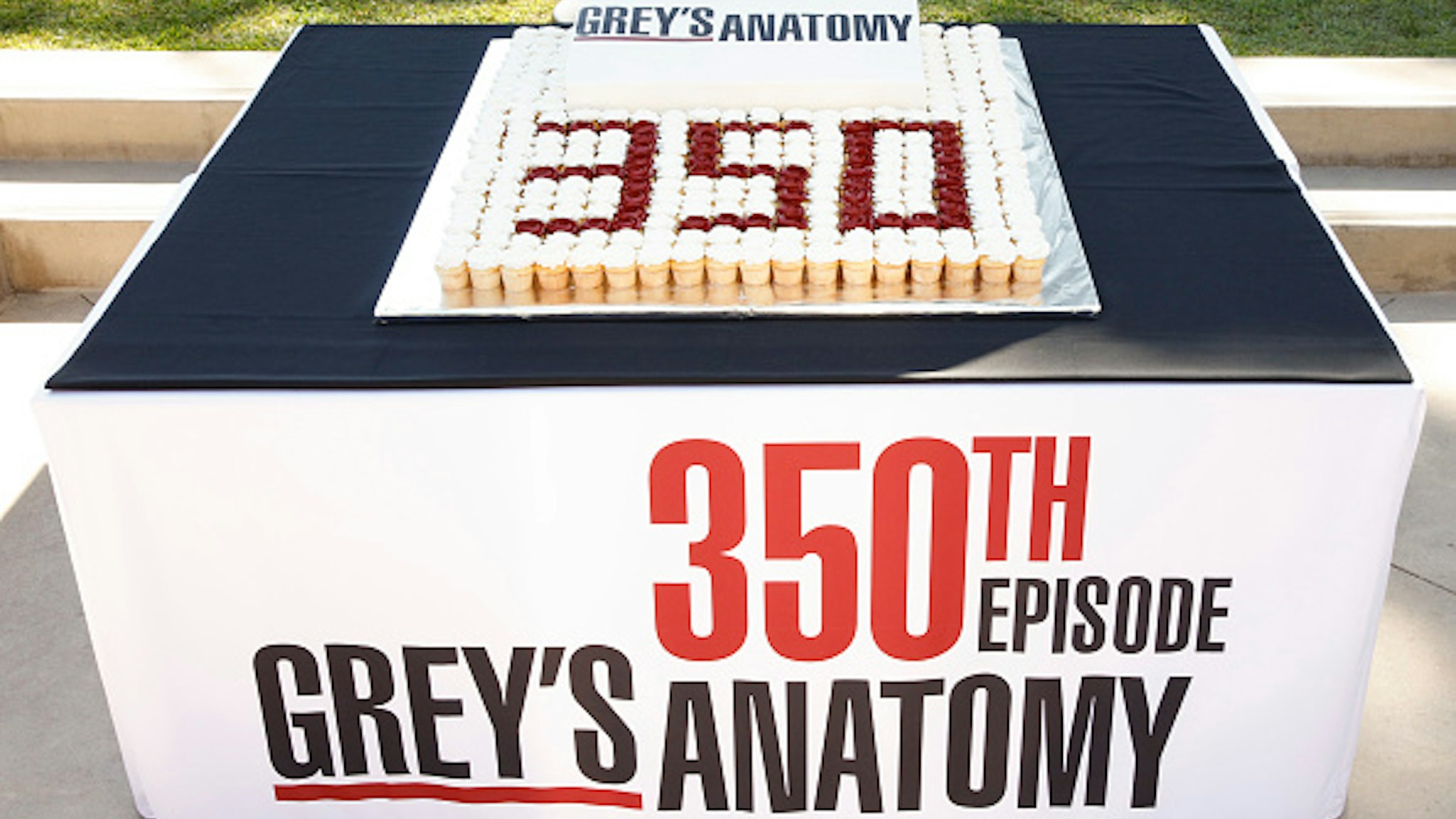 GREY'S ANATOMY - The stars and executive producers of ABC's "Grey's Anatomy" along with President of ABC Entertainment, Karey Burke, celebrate the taping of the 350th episode with a cake-cutting ceremony in Los Angeles on Tuesday, October 15, 2019. The episode will air later this season. "Grey's Anatomy" airs Thursdays at 8:00pm ET|PT on ABC.