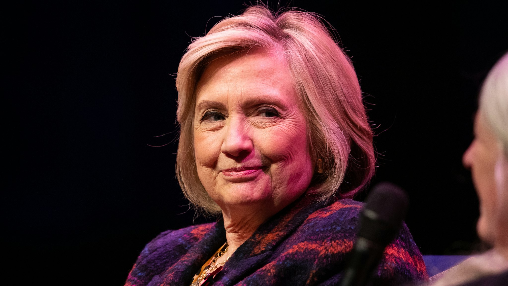 Hillary Clinton (left) talking to Mary Beard at the Southbank Centre in London at the launch of Gutsy Women: Favourite Stories of Courage and Resilience a book by Chelsea Clinton and Hillary Clinton about women who have inspired them. PA Photo. Picture date: Sunday November 10, 2019.