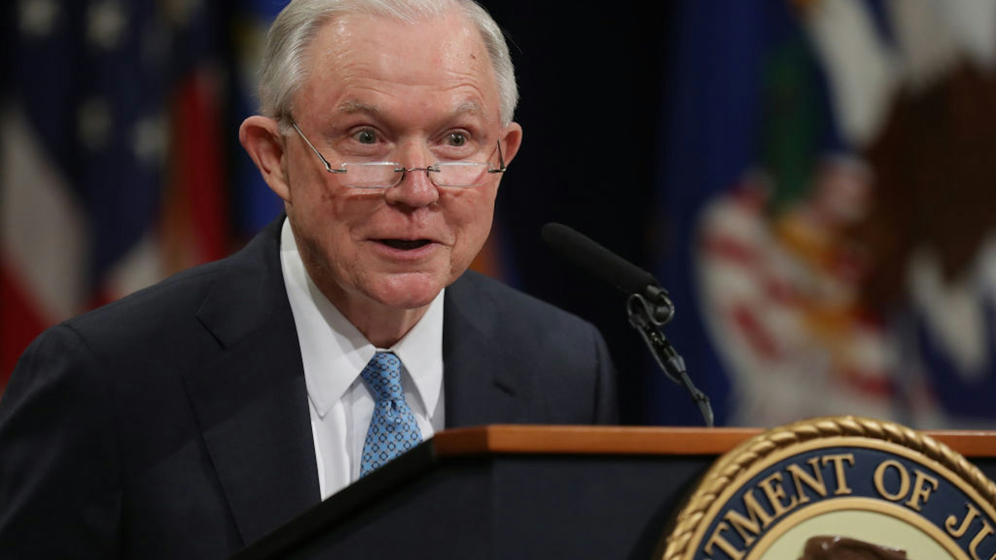 Jeff Sessions delivers remarks during a farewell ceremony for Deputy Attorney General Rod Rosenstein