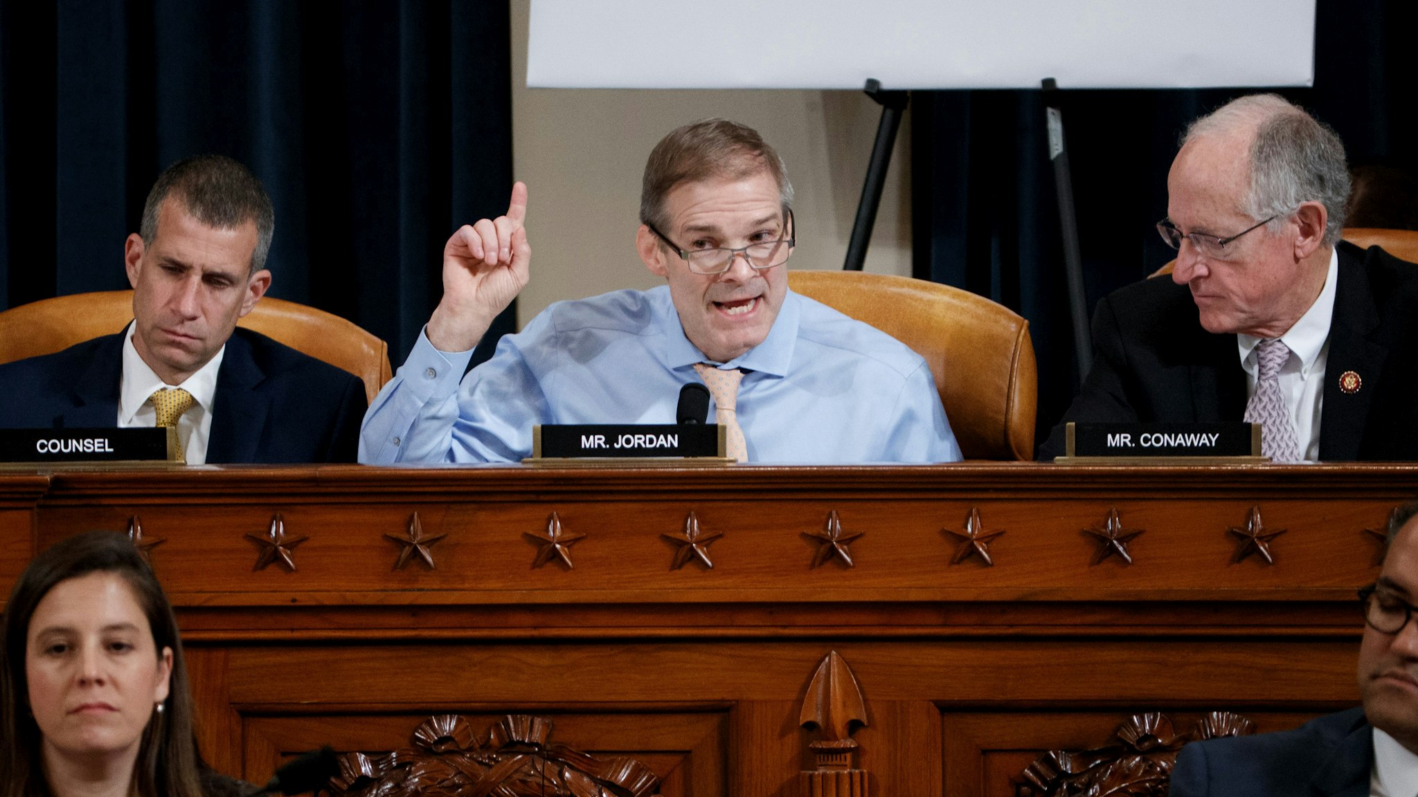 Republican Representative from Ohio Jim Jordan questions Special Advisor for Europe and Russia in the office of US Vice President Mike Pence, Jennifer Williams and Director for European Affairs of the National Security Council, US Army Lieutenant Colonel Alexander Vindman during the House Permanent Select Committee on Intelligence public hearing on the impeachment inquiry into US President Donald Trump, on Capitol Hill in Washington,DC on November 19, 2019.