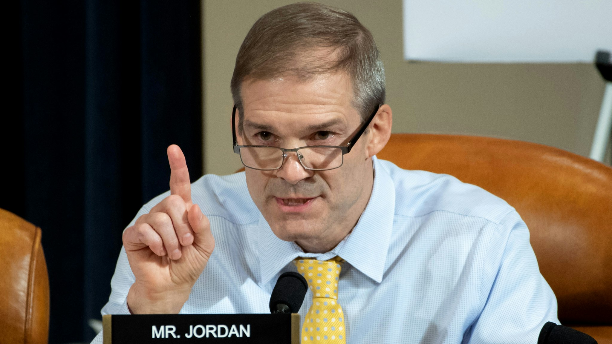 WASHINGTON, DC - NOVEMBER 13: Rep. Jim Jordan (R-OH) questions top U.S. diplomat in Ukraine William B. Taylor Jr. during the first public hearings held by the House Permanent Select Committee on Intelligence as part of the impeachment inquiry into U.S. President Donald Trump on Capitol Hill November 13, 2019 in Washington, DC. In the first public impeachment hearings in more than two decades, House Democrats are trying to build a case that President Donald Trump committed extortion, bribery or coercion by trying to enlist Ukraine to investigate his political rival in exchange for military aide and a White House meeting that Ukraine President Volodymyr Zelensky sought with Trump.