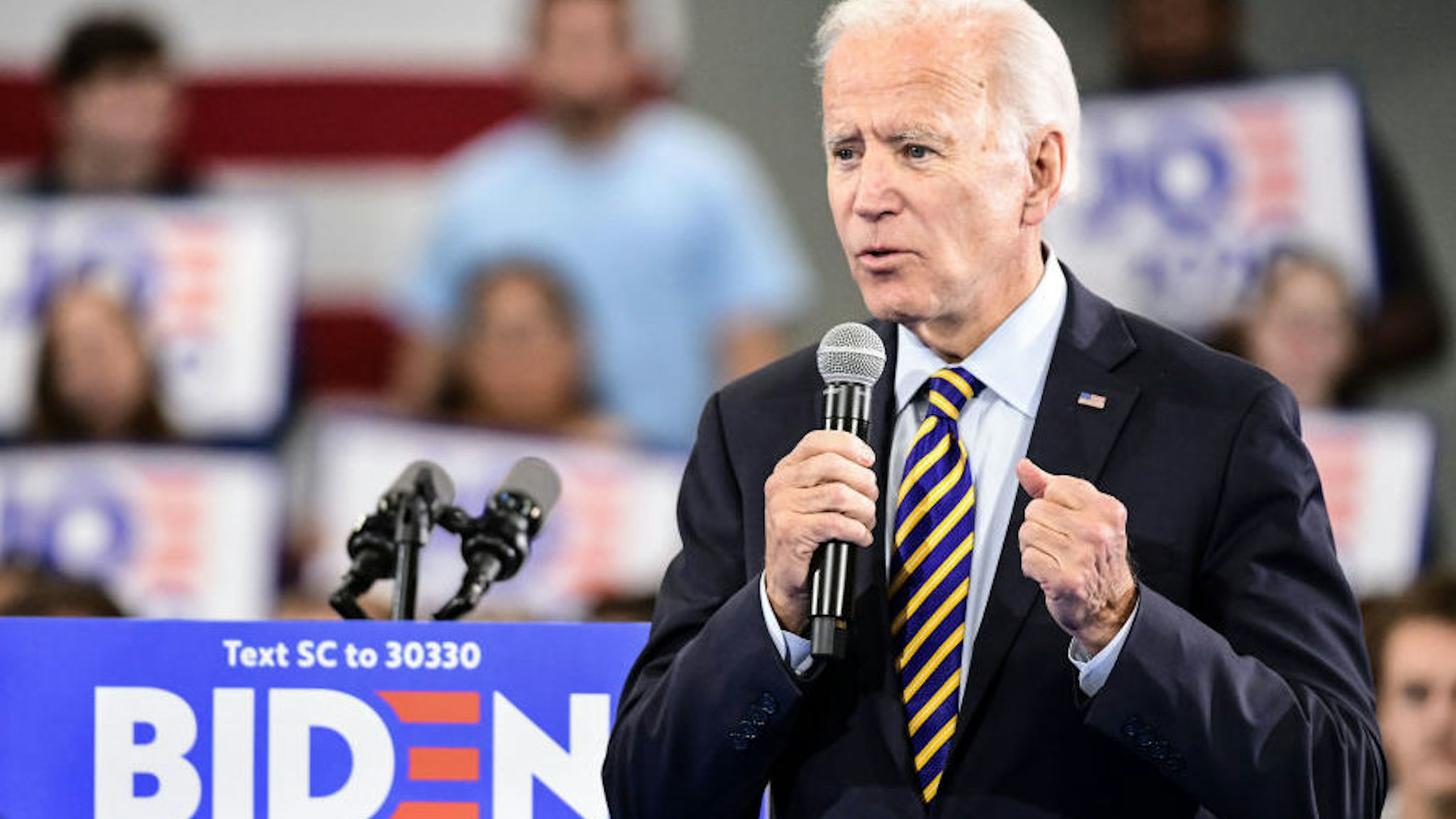 GREENWOOD, SC - NOVEMBER 21: Democratic presidential candidate, former vice President Joe Biden speaks to the audience during a town hall on November 21, 2019 in Greenwood, South Carolina. Polls show Biden with a commanding lead in the early primary state.