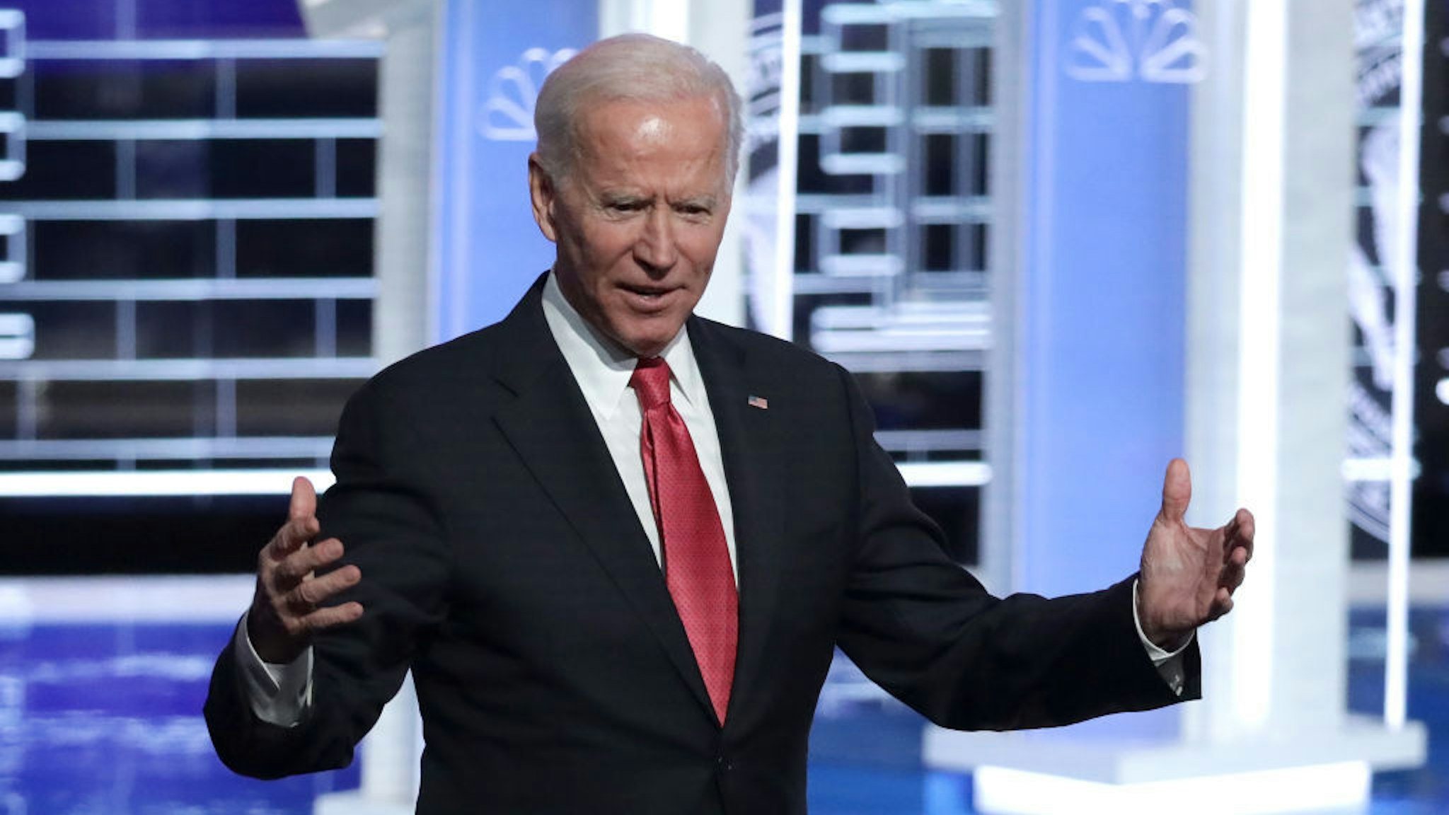 Former Vice President Joe Biden greets the audience after the Democratic Presidential Debate at Tyler Perry Studios November 20, 2019 in Atlanta, Georgia. Ten Democratic presidential hopefuls were chosen from the larger field of candidates to participate in the debate hosted by MSNBC and The Washington Post. (Photo by Alex Wong/Getty Images)