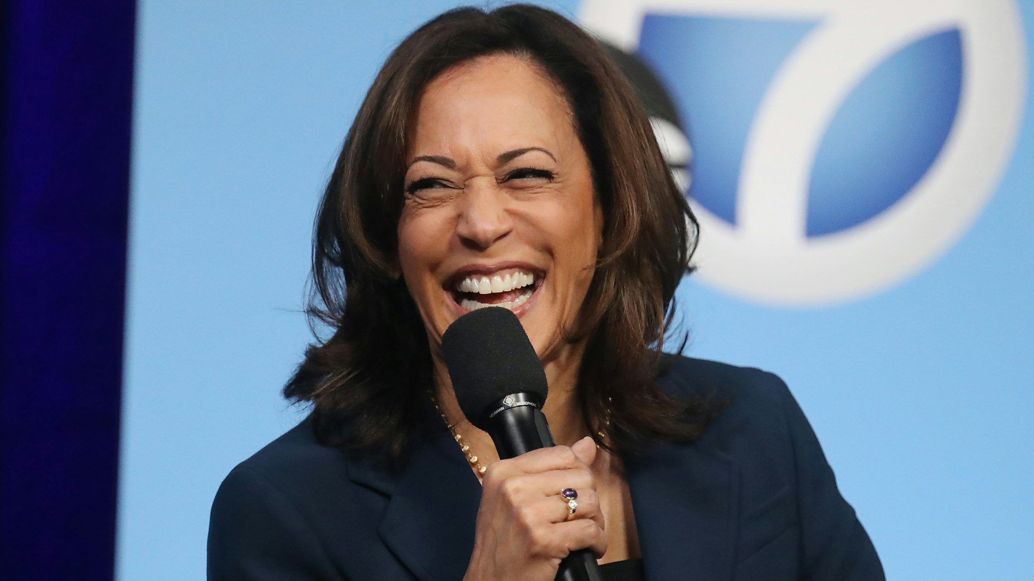 Democratic presidential candidate Sen. Kamala Harris (D-CA) laughs at a Democratic presidential forum on Latino issues at Cal State L.A. on November 17, 2019 in Los Angeles, California. The presidential primary in California will be held on March 3, 2020.