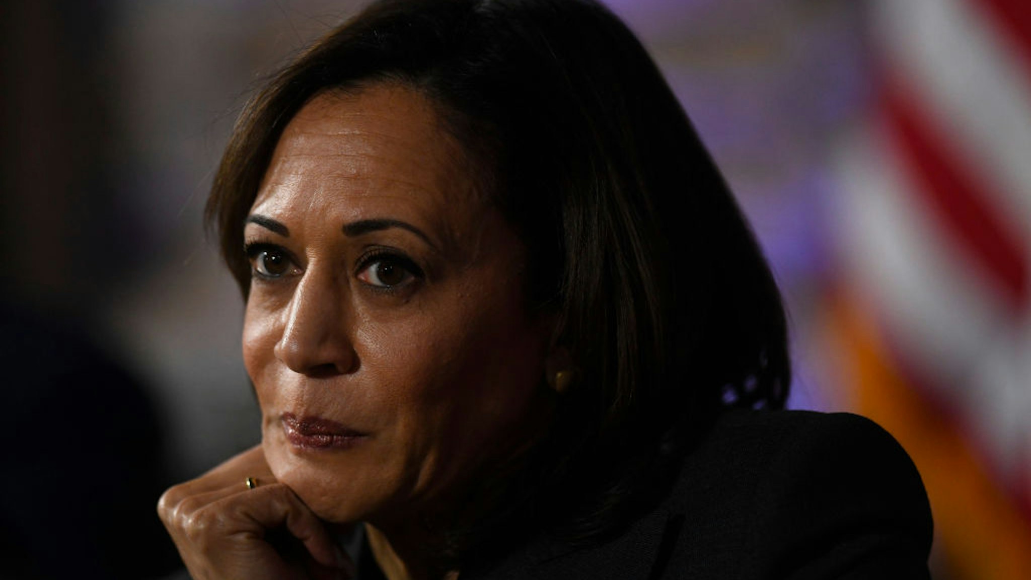 Kamala Harris speaks during a town hall at the Eastern State Penitentiary