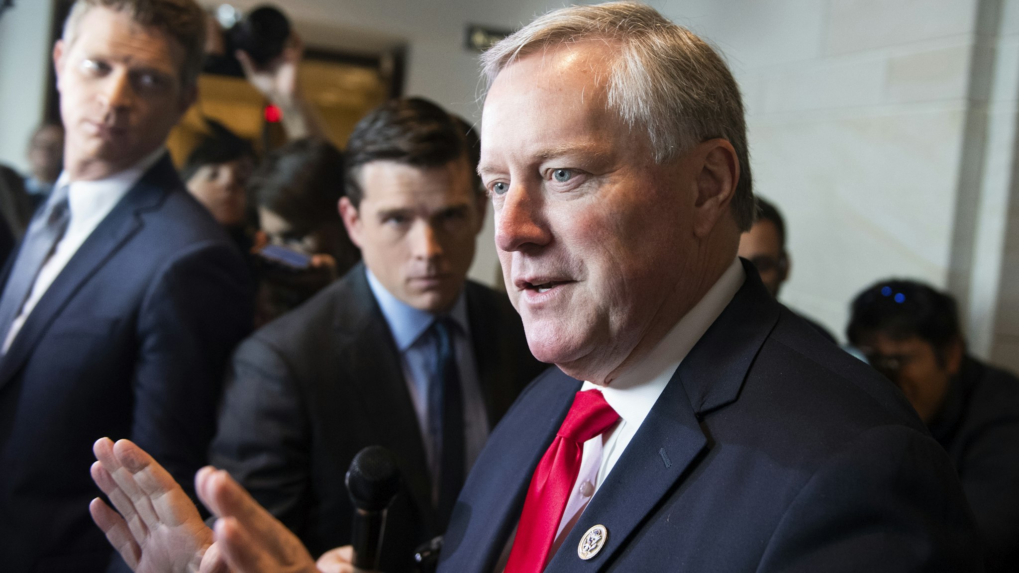 Rep. Mark Meadows, R-N.C., speaks to reporters outside a scheduled deposition related to the House's impeachment inquiry in the Capitol Visitor Center on Monday, November 2019. John Eisenberg, lawyer for the National Security Council, and Robert Blair, a senior adviser to Acting Chief of Staff Mick Mulvaney, did not appear for their depositions.