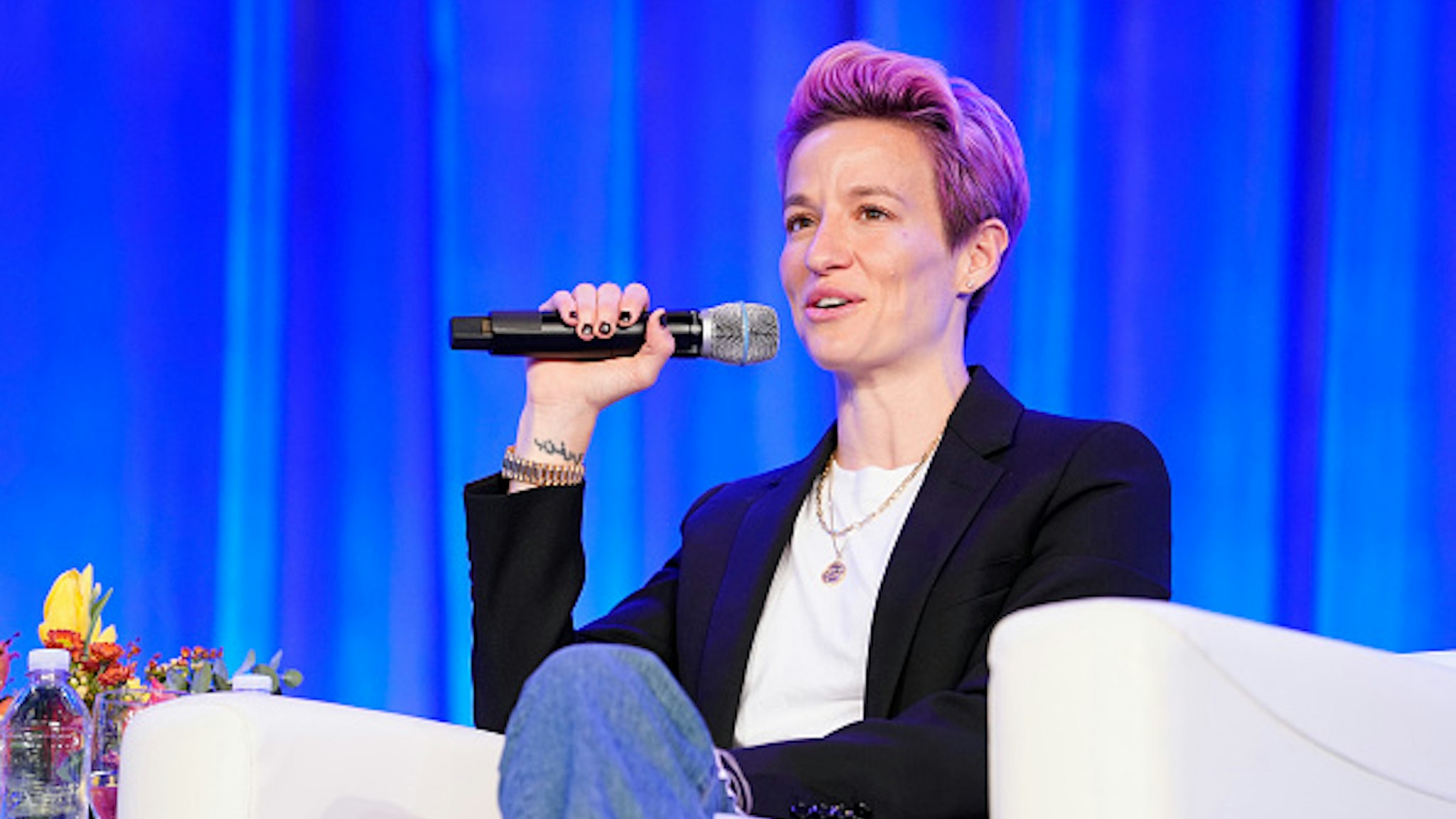 AUSTIN, TEXAS - OCTOBER 24: Two-time World Cup Champion, and co-captain of the US Women’s National Team Megan Rapinoe speaks on stage during Texas Conference For Women 2019 at Austin Convention Center on October 24, 2019 in Austin, Texas.