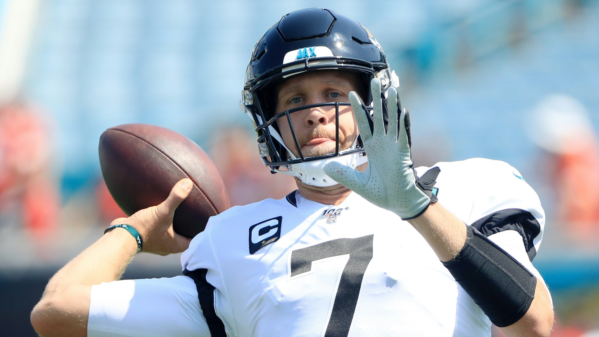 Quarterback Nick Foles #7 of the Jacksonville Jaguars warms up prior to their game against the Kansas City Chiefs at TIAA Bank Field on September 08, 2019 in Jacksonville, Florida.