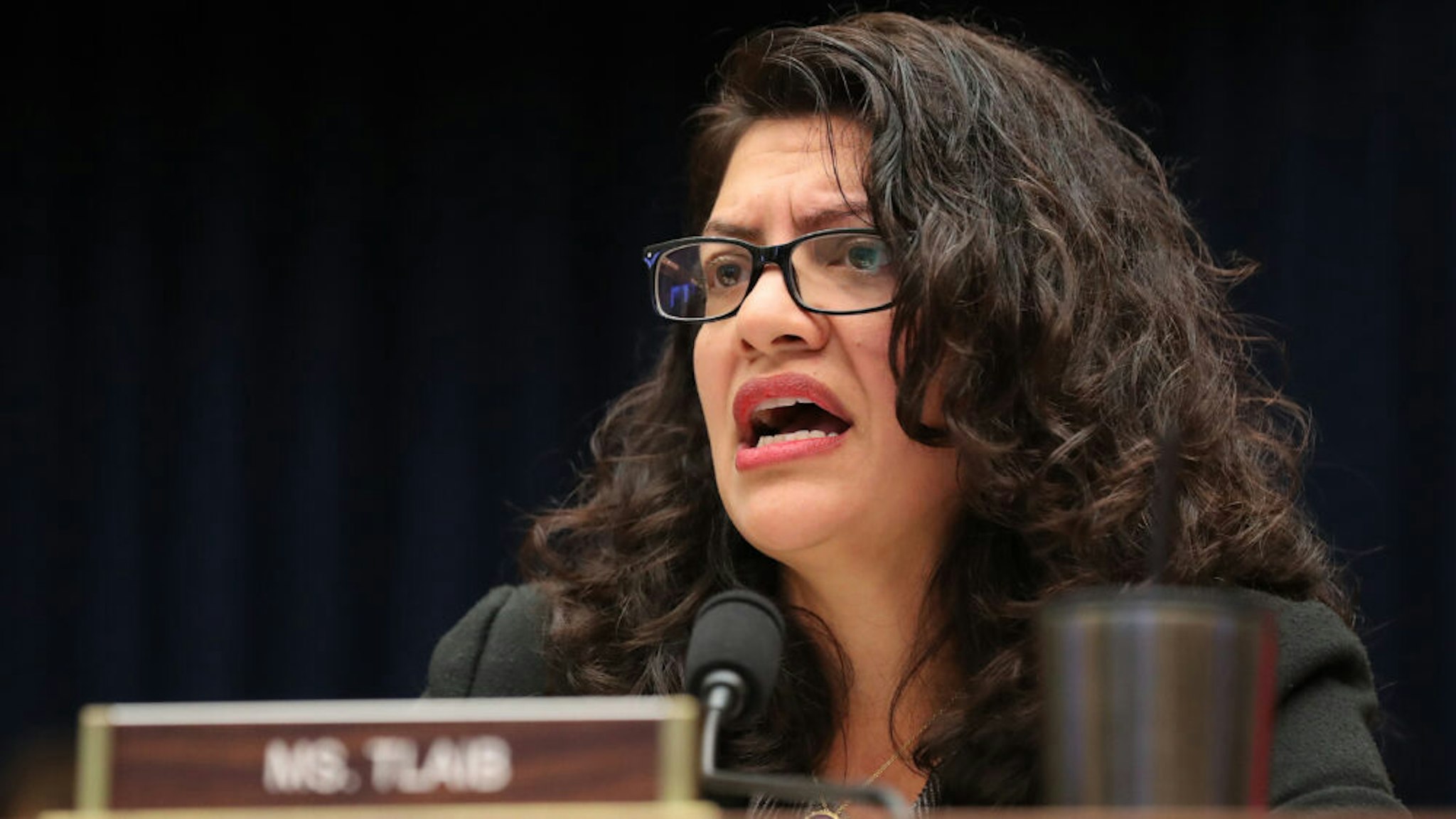 WASHINGTON, DC - OCTOBER 23: House Financial Services Committee member Rep. Rashida Tlaib (D-MI) questions Facebook co-founder and CEO Mark Zuckerberg during a hearing in the Rayburn House Office Building on Capitol Hill October 23, 2019 in Washington, DC. Zuckerberg testified about Facebook's proposed cryptocurrency Libra, how his company will handle false and misleading information by political leaders during the 2020 campaign and how it handles its users’ data and privacy.