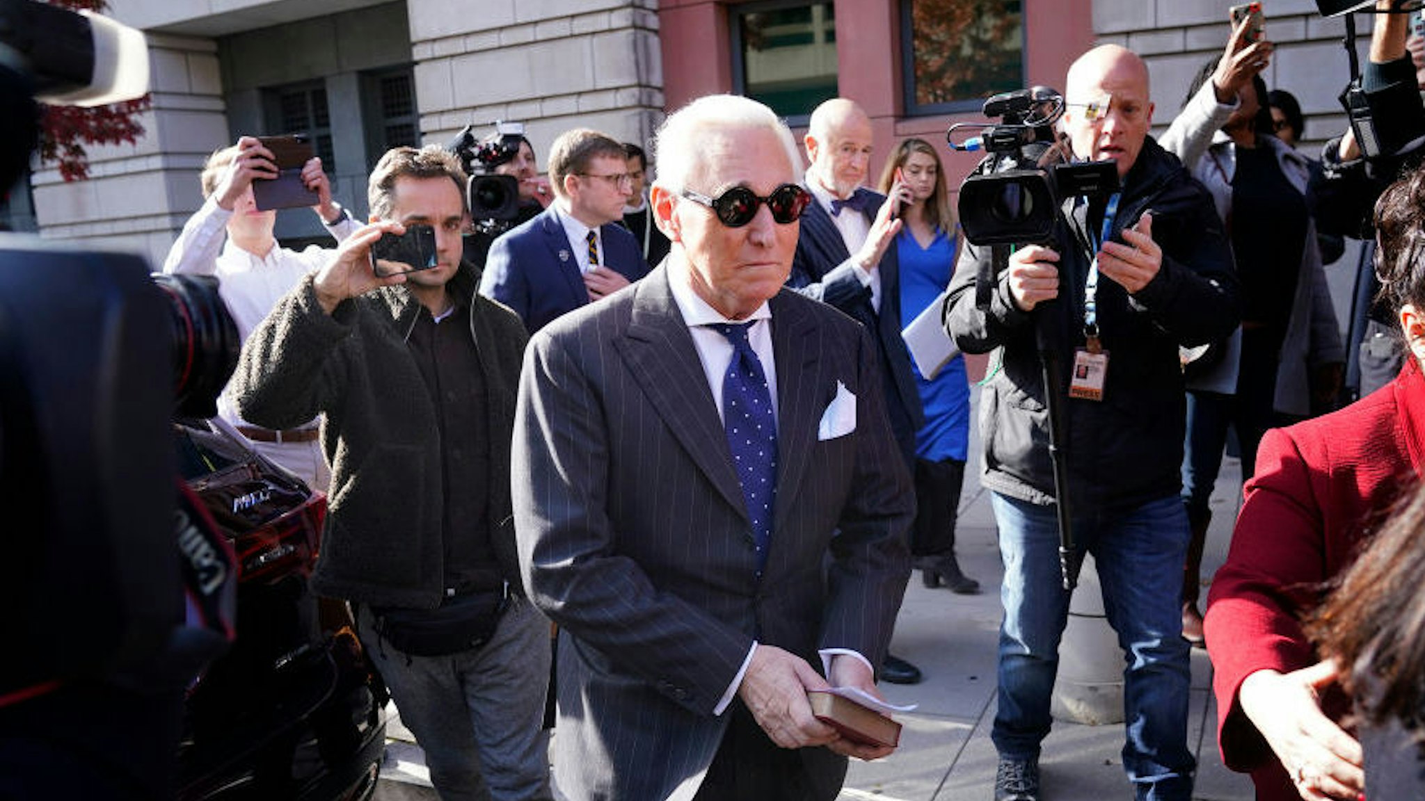 Former advisor to U.S. President Donald Trump, Roger Stone, leaves the E. Barrett Prettyman United States Courthouse after being found guilty of obstructing a congressional investigation into Russia‚Äôs interference in the 2016 election on November 15, 2019 in Washington, DC. Stone faced seven felony charges and was found guilty on all counts. (Photo by Win McNamee/Getty Images)
