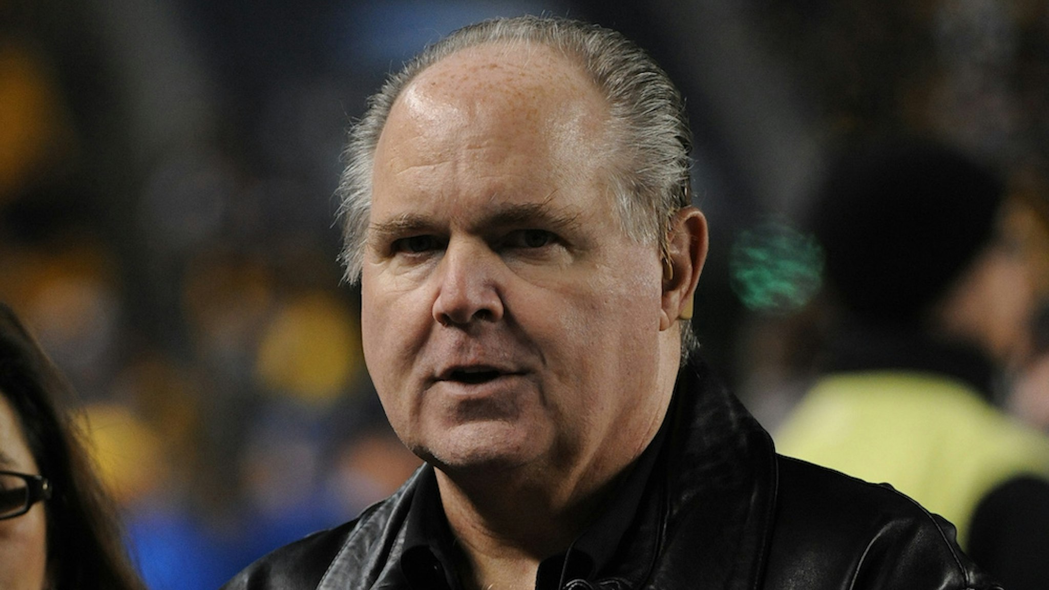 Radio talk show host and political commentator Rush Limbaugh looks on from the sideline before a National Football League game between the Baltimore Ravens and Pittsburgh Steelers at Heinz Field on November 6, 2011 in Pittsburgh, Pennsylvania. The Ravens defeated the Steelers 23-20. (Photo by George Gojkovich/Getty Images)