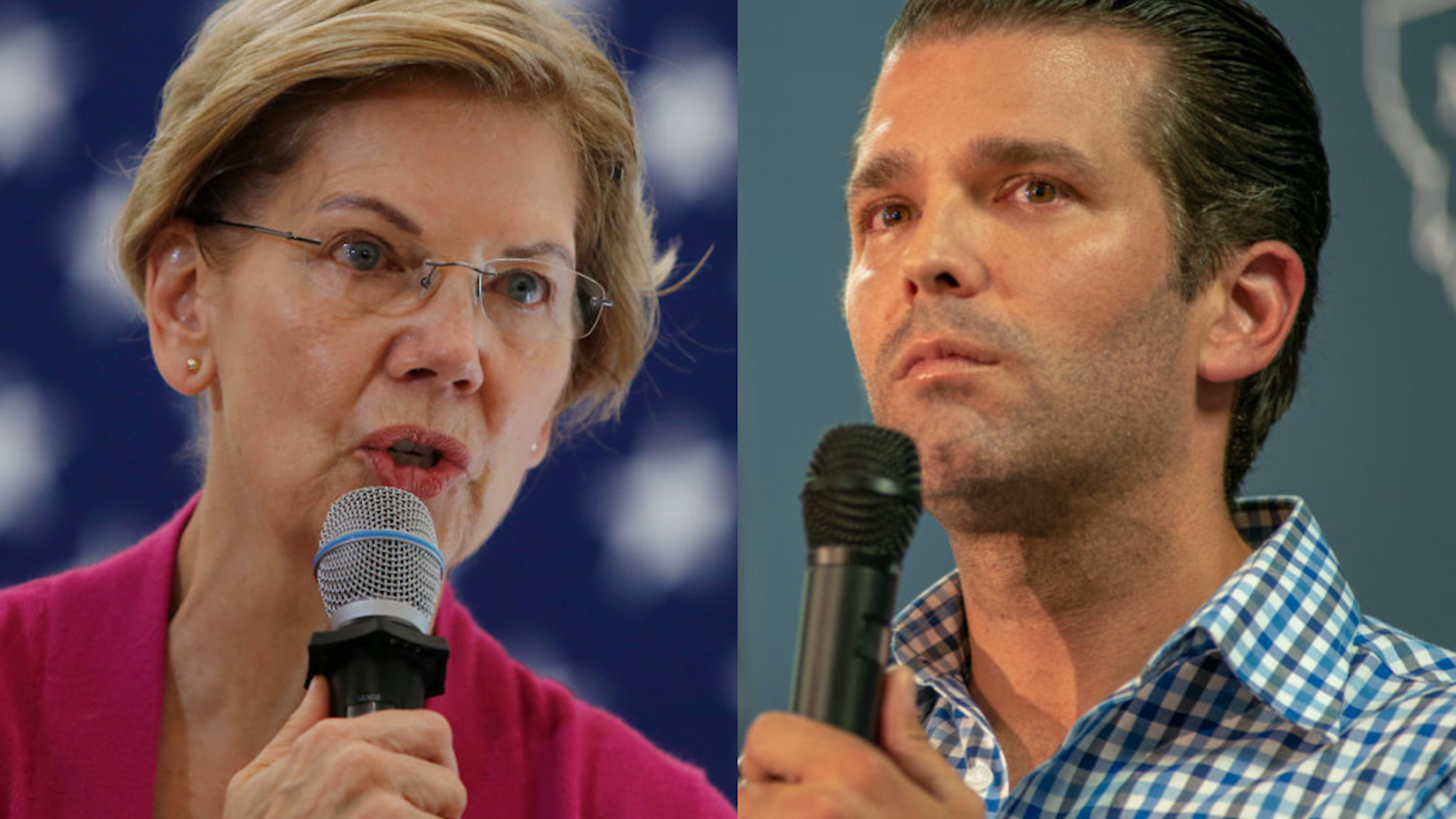 U.S. Senator and presidential candidate Elizabeth Warren speaks during a town hall at the University of New Hampshire in Durham, NH on Oct. 30, 2019.//Donald Trump Jr. speaks at a campaign rally in support Montana Senate candidate Matt Rosendale in Bozeman, MT on September 25,2018.