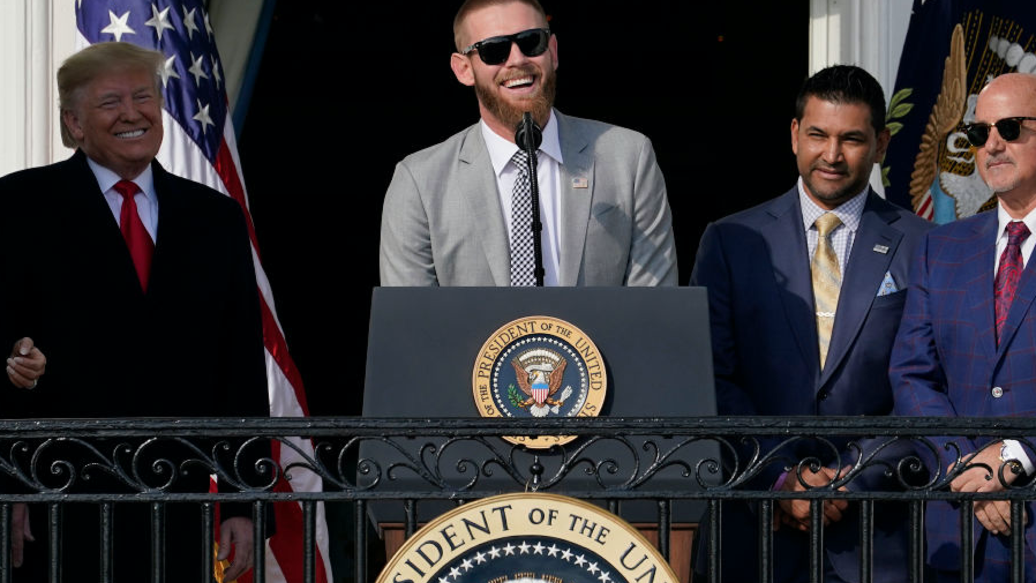 Pitcher Stephen Strasburg (2nd L) speaks as U.S. President Donald Trump (L) welcomes the 2019 World Series Champions, the Washington Nationals, to the White House November 4, 2019 in Washington, DC.