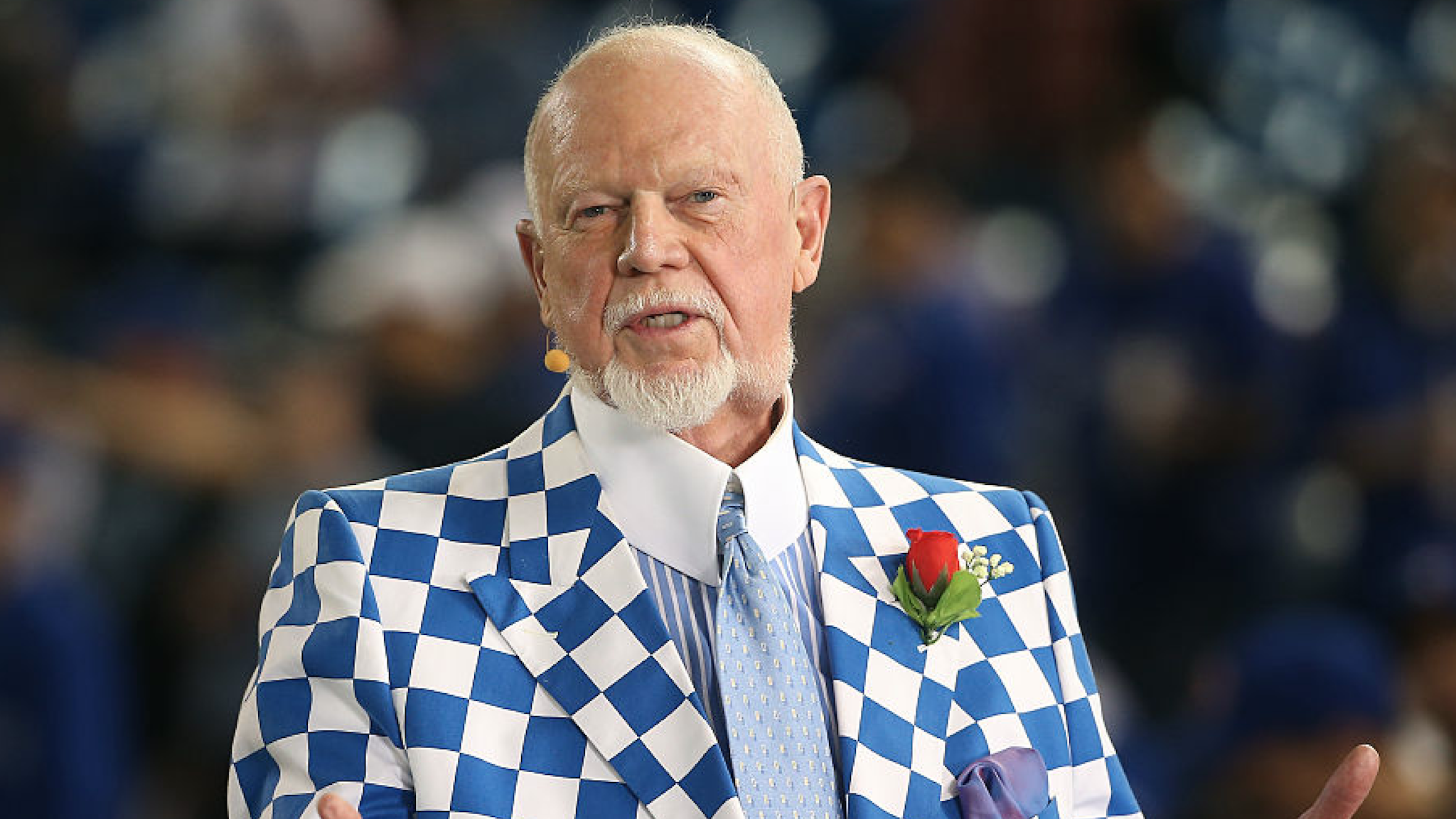 Hockey commentator Don Cherry does a television interview before the Tampa Bay Rays MLB game against the Toronto Blue Jays on April 13, 2015 at Rogers Centre in Toronto, Ontario, Canada.