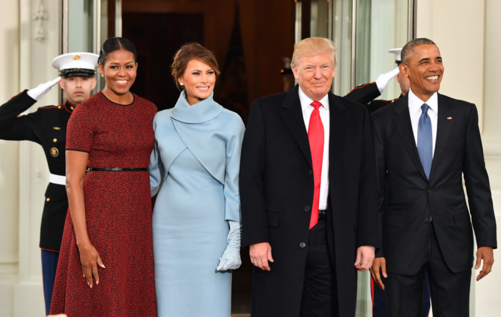 U.S. President Barack Obama, from right, U.S. President-elect Donald Trump, U.S. First Lady-elect Melania Trump, and U.S. First Lady Michelle Obama stand for a photograph outside of the White House ahead of the 58th presidential inauguration in Washington, D.C., U.S., on Friday, Jan. 20, 2017.