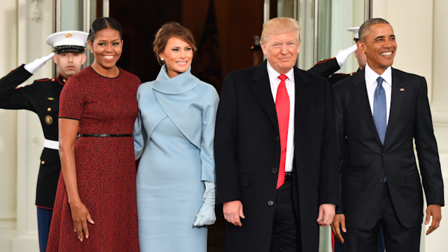 U.S. President Barack Obama, from right, U.S. President-elect Donald Trump, U.S. First Lady-elect Melania Trump, and U.S. First Lady Michelle Obama stand for a photograph outside of the White House ahead of the 58th presidential inauguration in Washington, D.C., U.S., on Friday, Jan. 20, 2017.