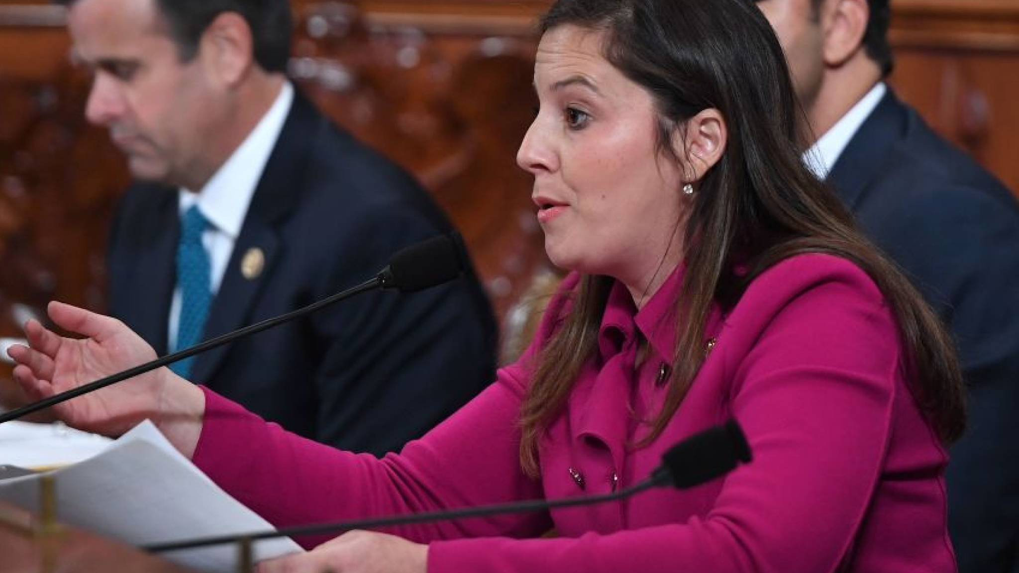 US Representative Elise Stefanik (R-NY) speaks as former US Ambassador to the Ukraine Marie Yovanovitch testifies before the House Permanent Select Committee on Intelligence as part of the impeachment inquiry into US President Donald Trump, on Capitol Hill on November 15, 2019 in Washington DC.