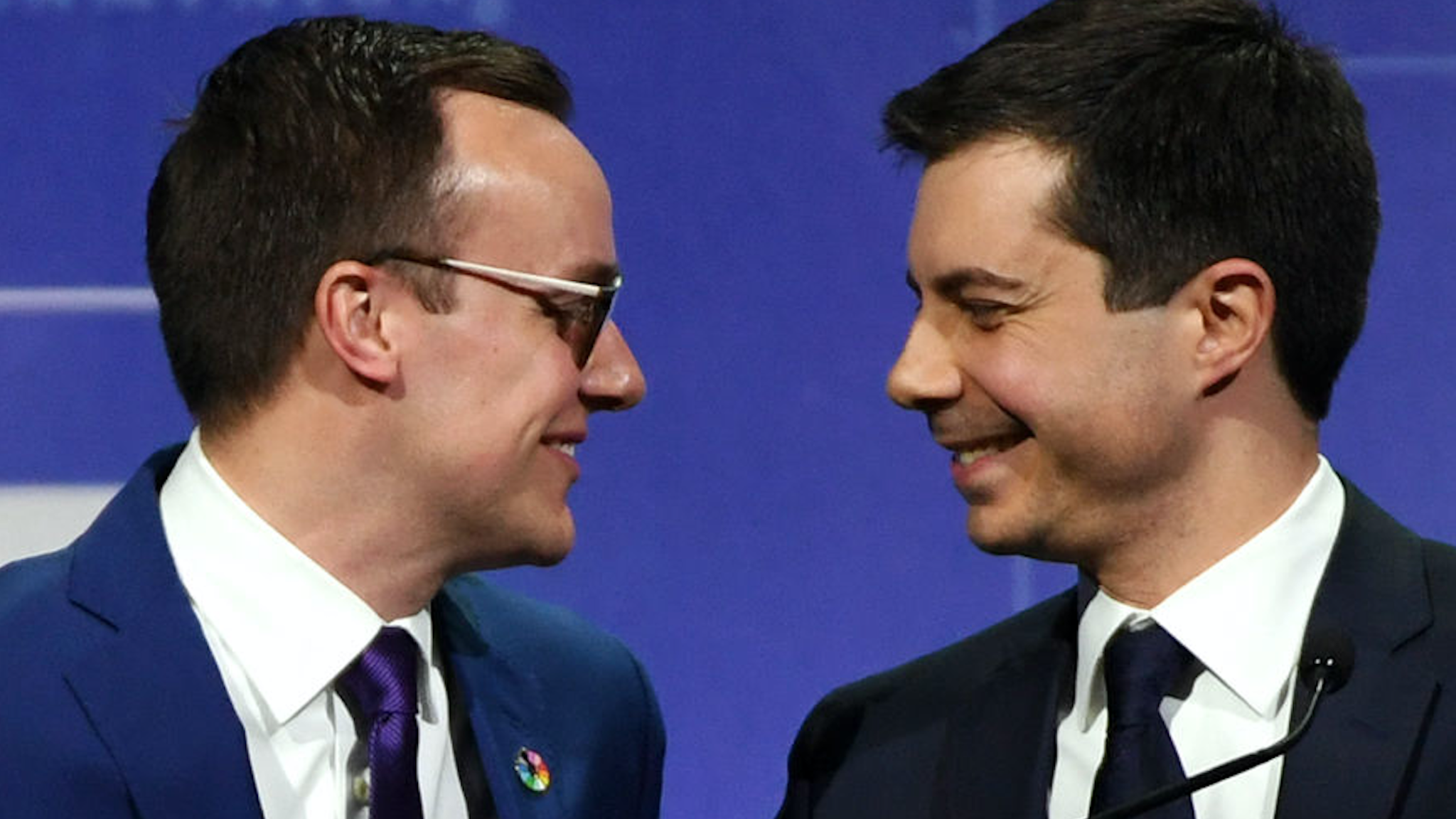 Chasten Glezman Buttigieg (L) greets his husband, South Bend, Indiana Mayor Pete Buttigieg, after he delivered a keynote address at the Human Rights Campaign's (HRC) 14th annual Las Vegas Gala at Caesars Palace on May 11, 2019 in Las Vegas, Nevada.