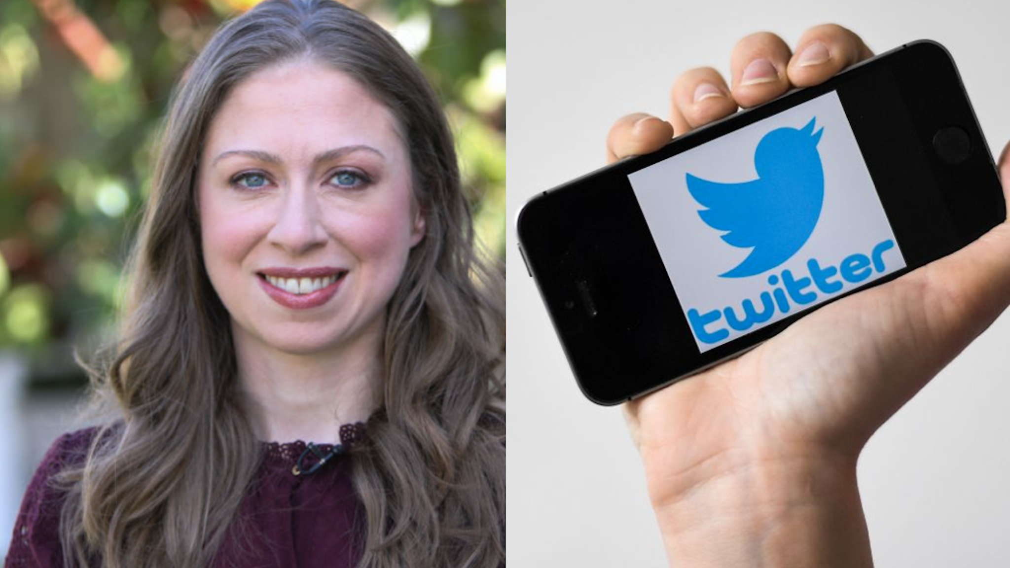 Chelsea Clinton visits Hallmark's "Home & Family" at Universal Studios Hollywood on October 9, 2018 in Universal City, California.//A woman shows a smartphone with the logo of US social network Twitter, on May 2, 2019 in Nantes, western France.