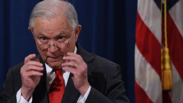 Jeff Sessions speaks during a press conference at the Department of Justice