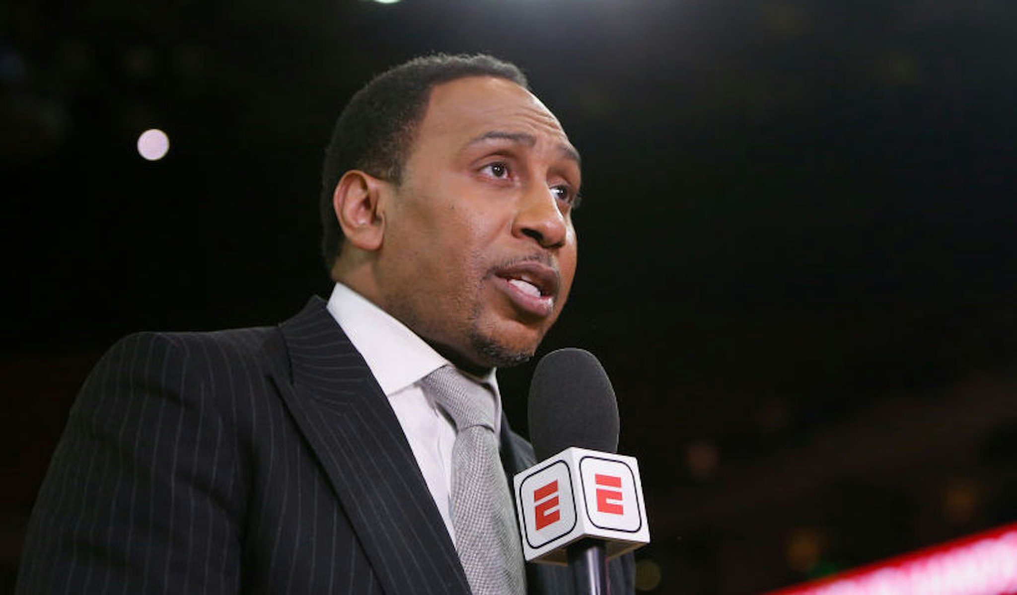 TV analyst Stephen A. Smith reports from court side before Game Five of the Western Conference Semifinals of the 2019 NBA Playoffs at ORACLE Arena on May 08, 2019 in Oakland, California. NOTE TO USER: User expressly acknowledges and agrees that, by downloading and or using this photograph, User is consenting to the terms and conditions of the Getty Images License Agreement. (Photo by Lachlan Cunningham/Getty Images)