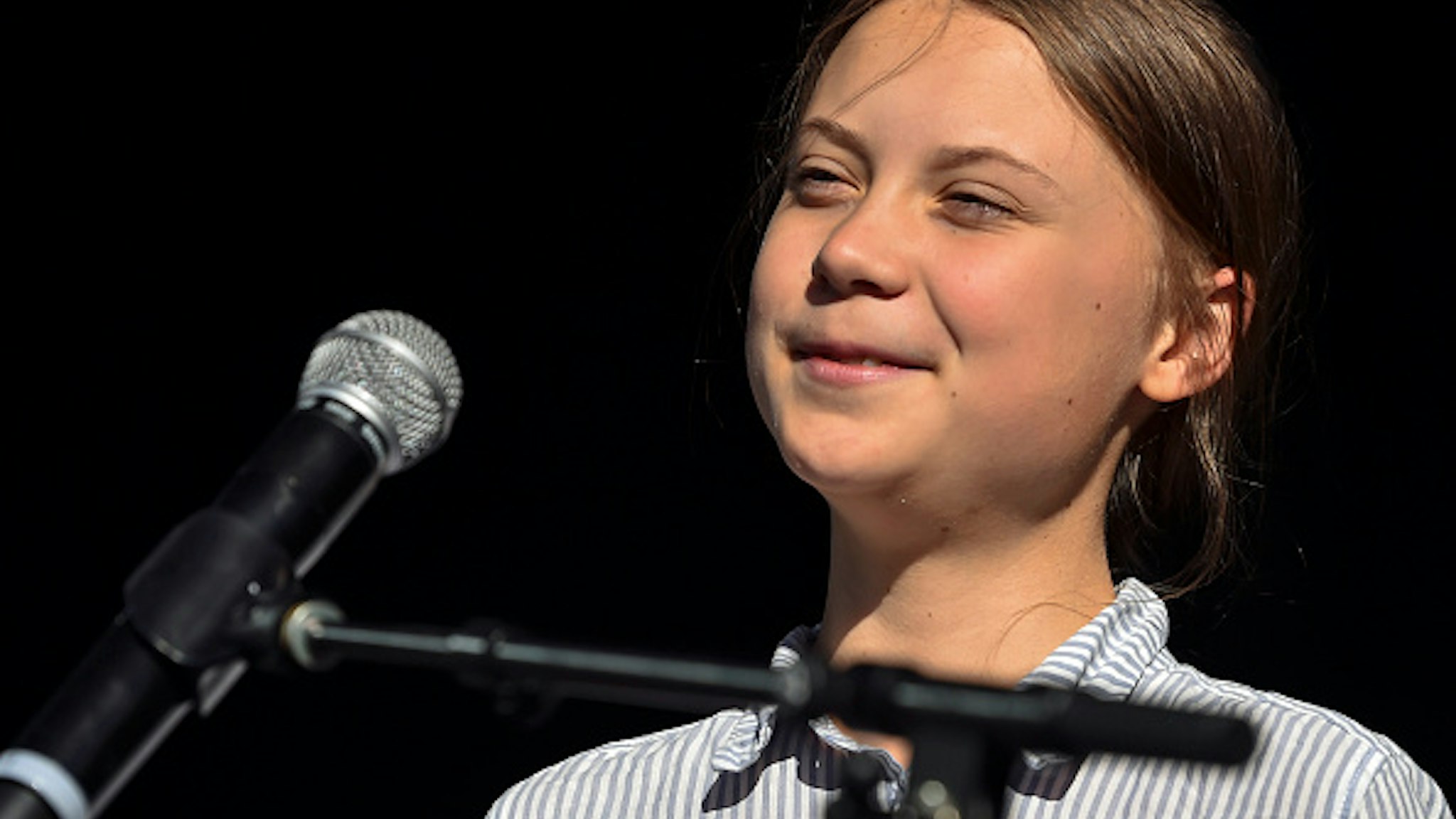 MONTREAL, QC - SEPTEMBER 27: Swedish climate activist Greta Thunberg takes to the podium to address young activists and their supporters during the rally for action on climate change on September 27, 2019 in Montreal, Canada. Hundreds of thousands of people are expected to take part in what could be the city's largest climate march.